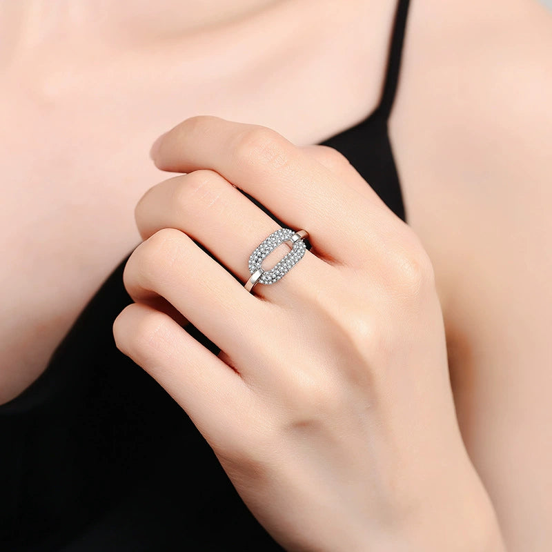 Silver Open Ring with Sparkling Crystal Paved Geometric Link Design JLTR0610