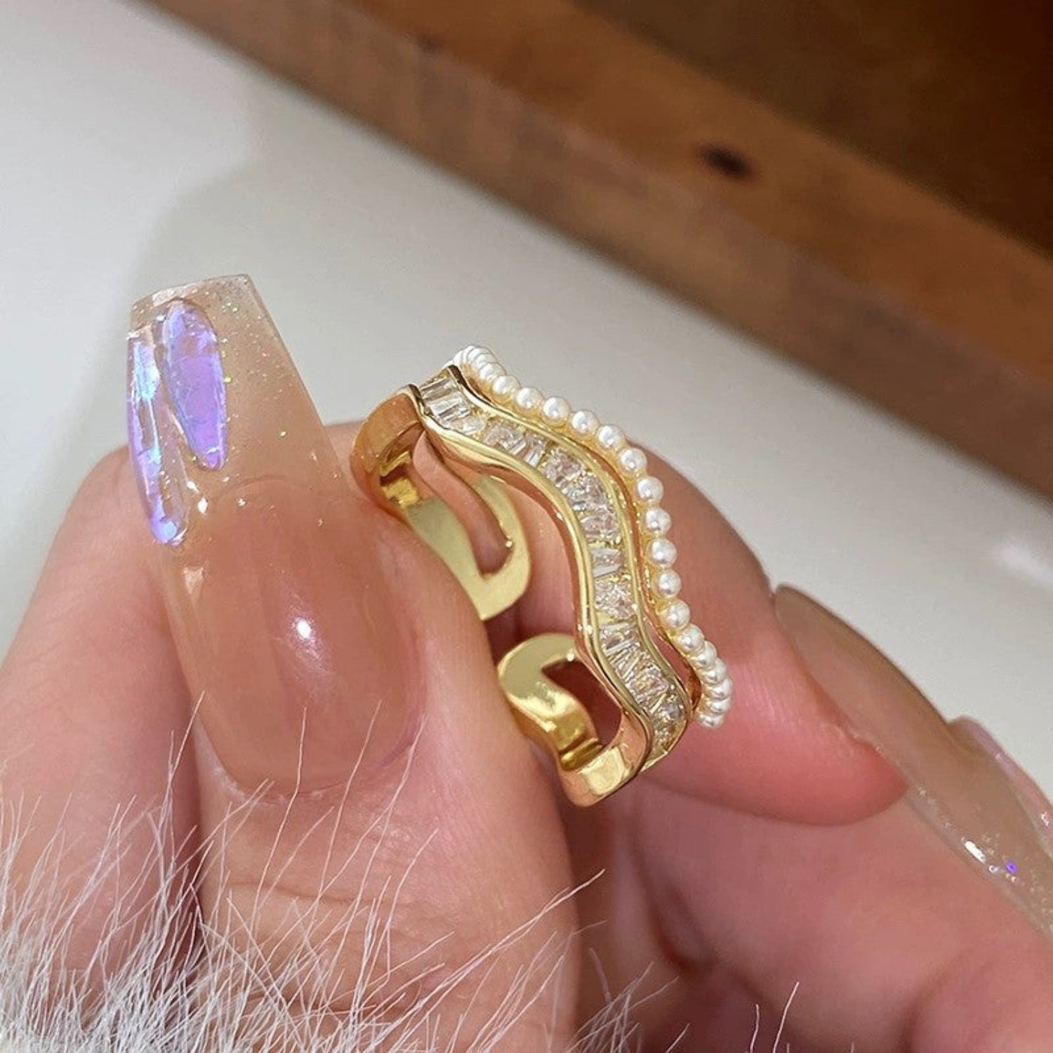 Just Lil Things Golden Wave Adjustable Toe Ring with Pearl and Crystal Detailing JLTR0612