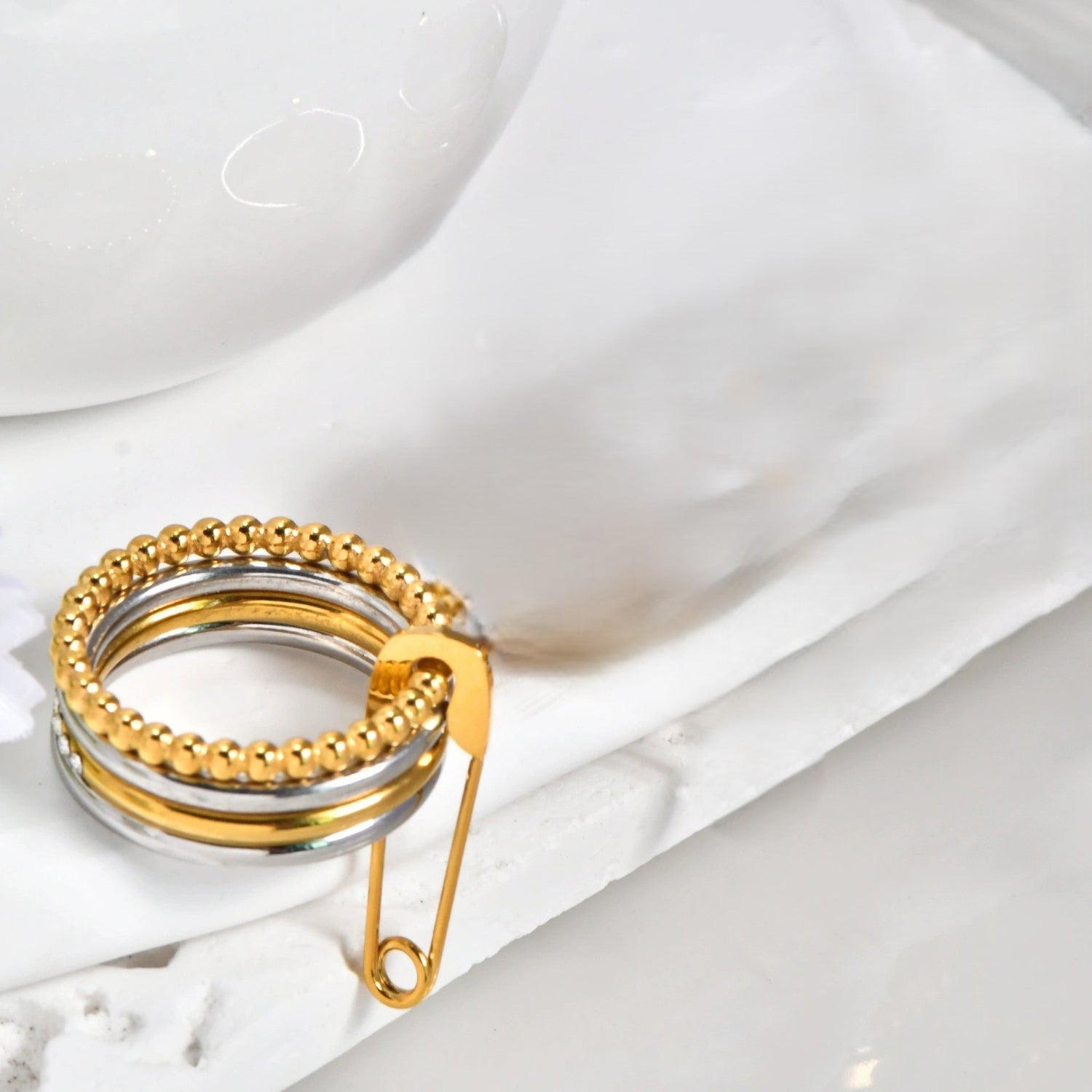 Silver-Gold Safety Pin Layered Ring JLTR0633