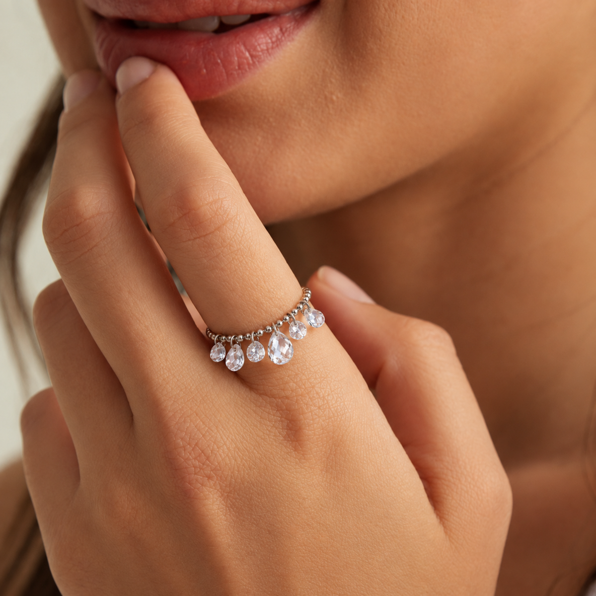 Crystal Drop Charm Silver Ring JLTR0638