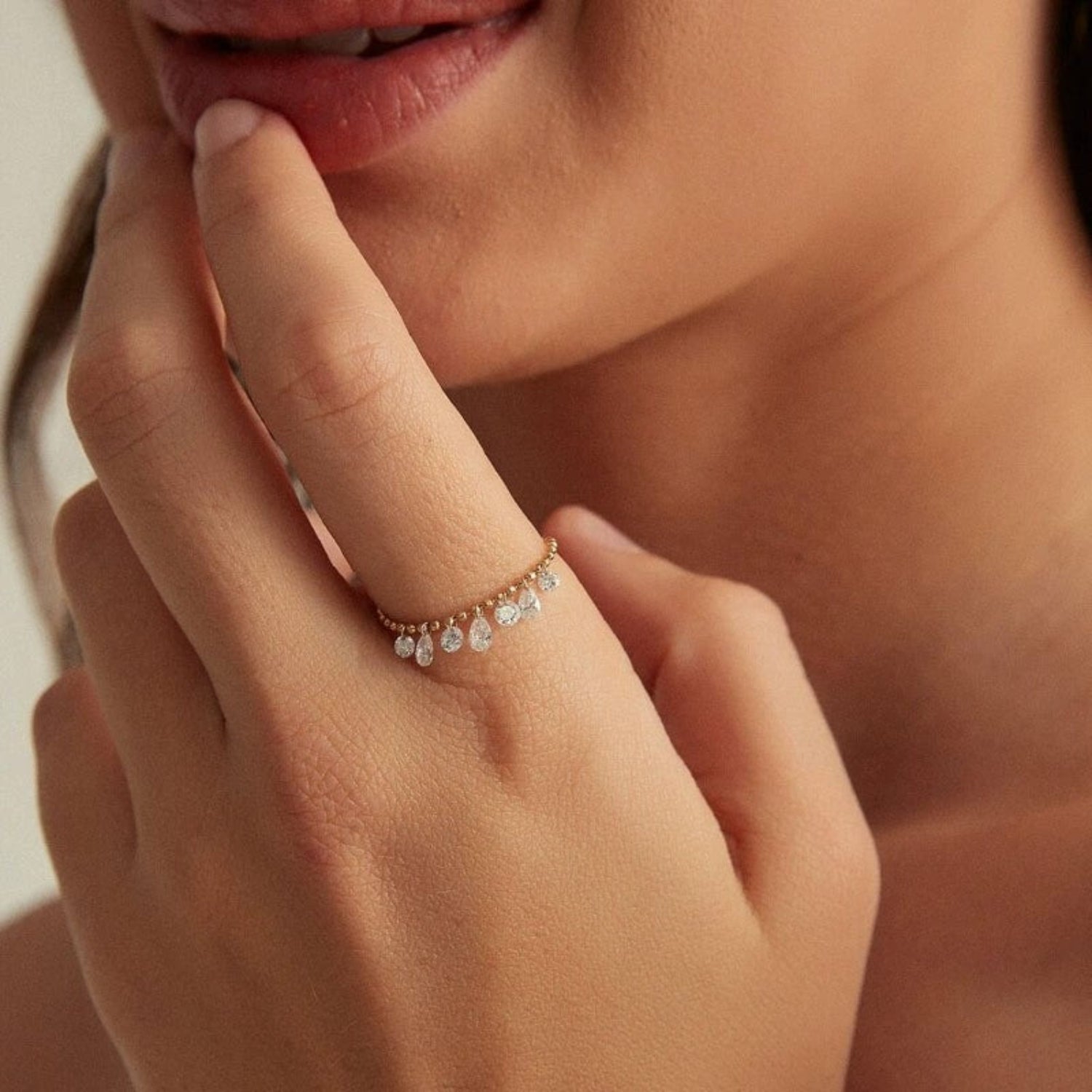 Crystal Drop Charm Gold Ring JLTR0639