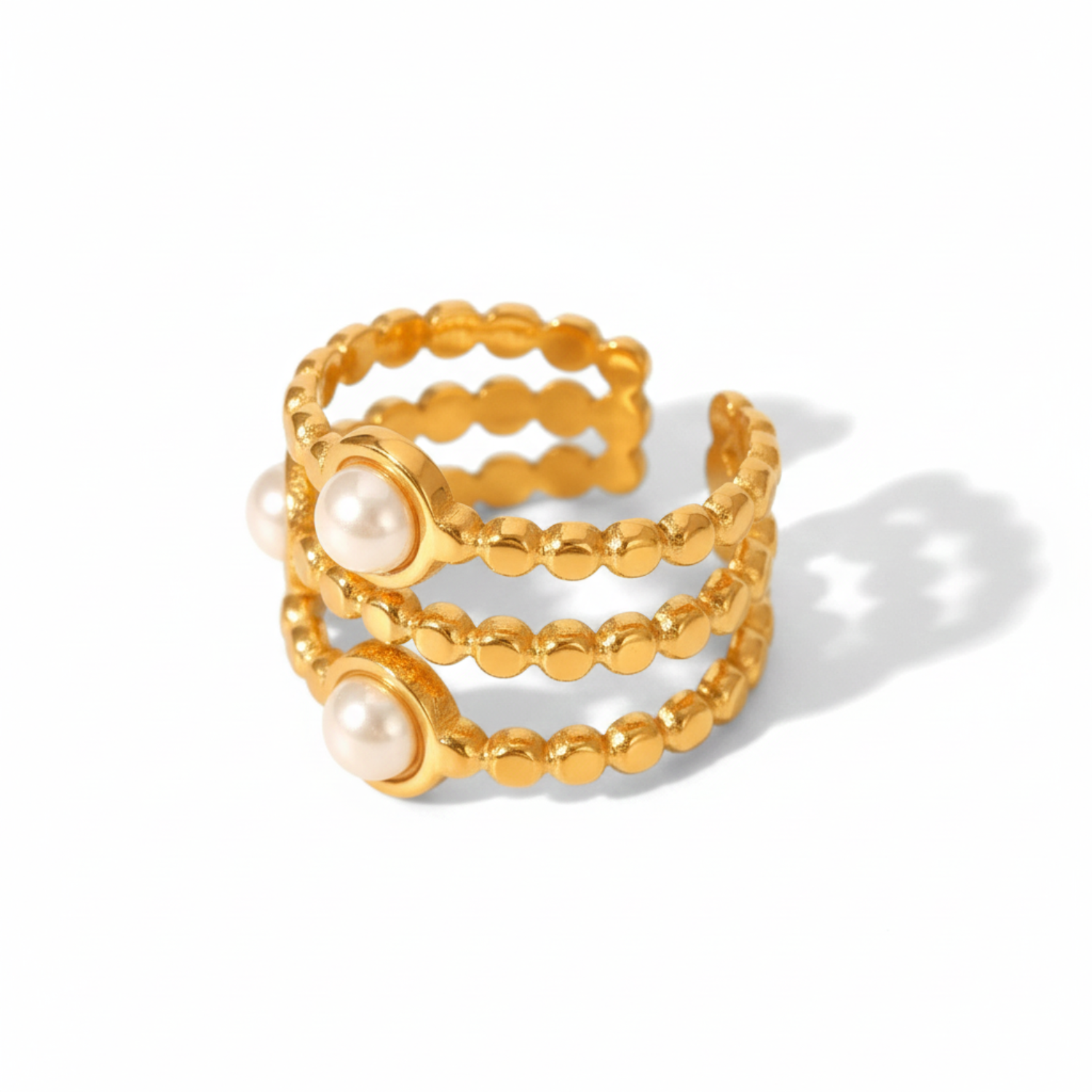 Triple-Band Beaded Gold Open Ring with Dual Pearls JLTR0649