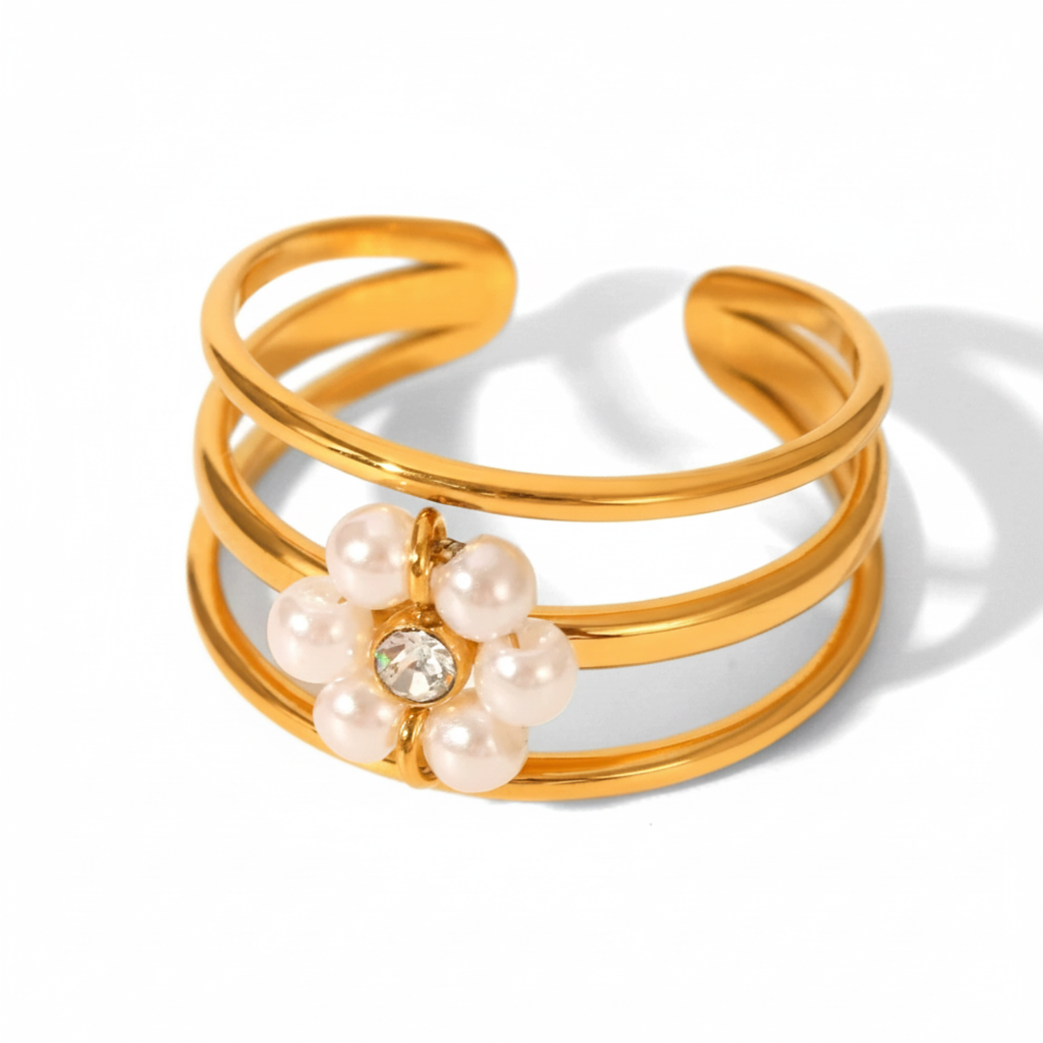 Elegant Pearl Flower Triple-Band Adjustable Ring JLTR0650