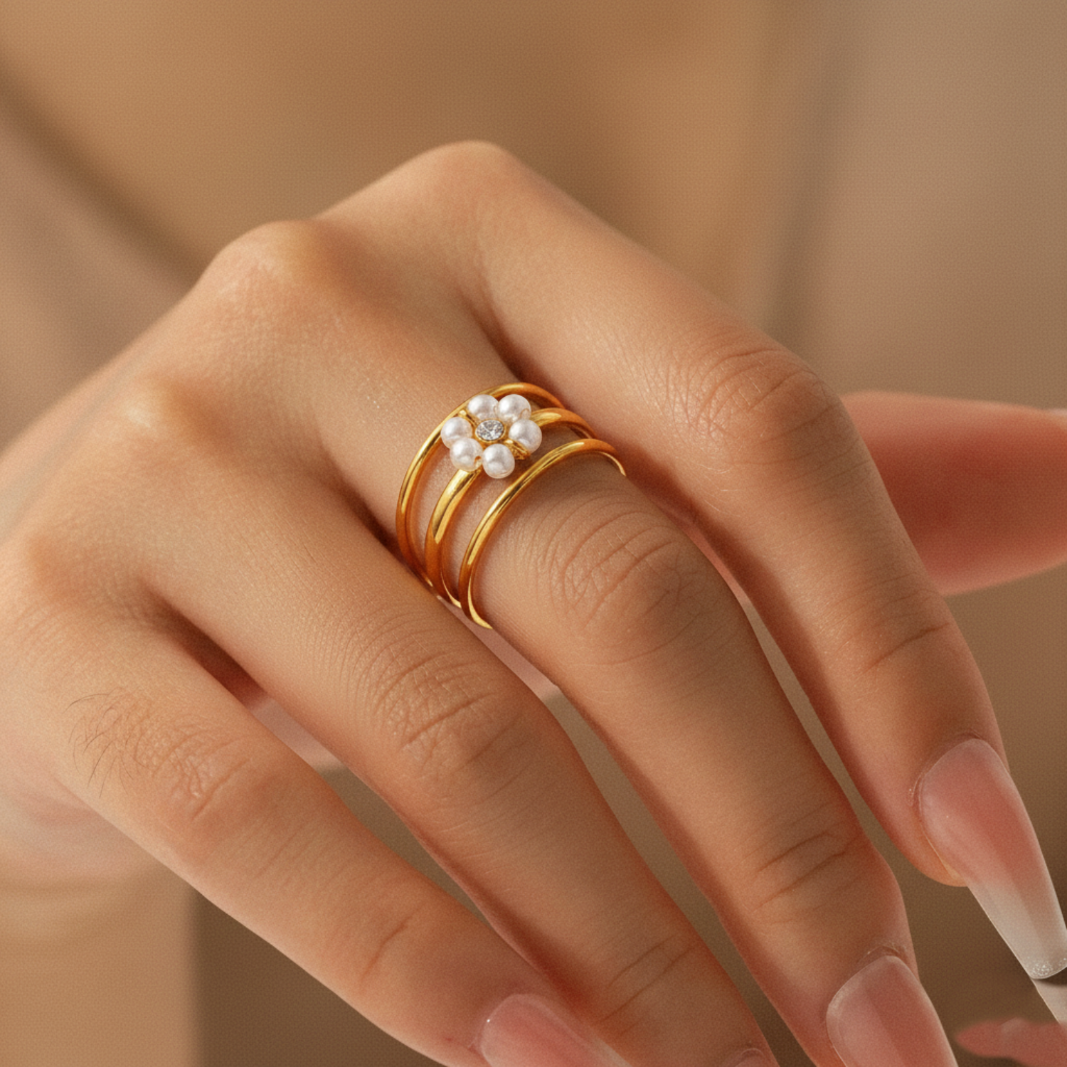 Elegant Pearl Flower Triple-Band Adjustable Ring JLTR0650