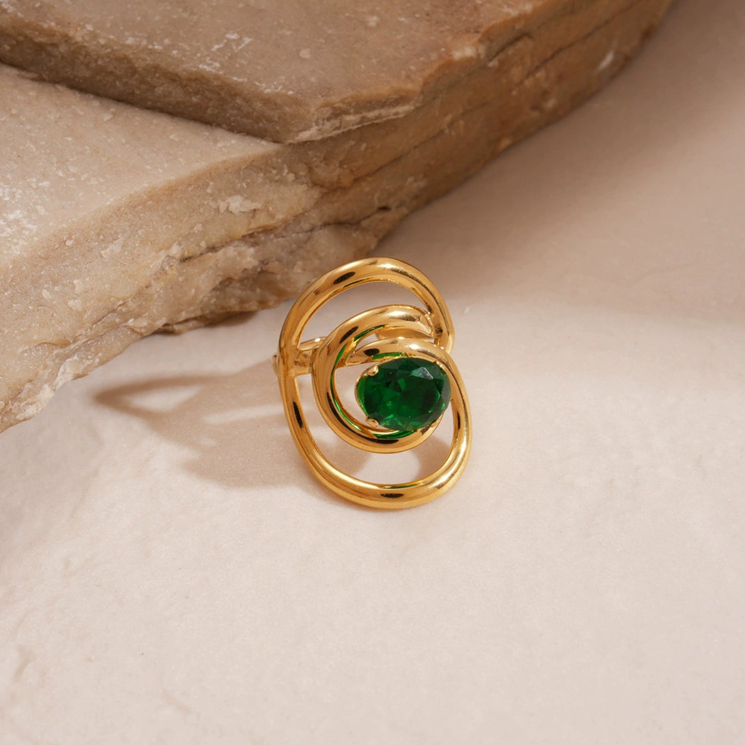 Chunky Golden Spiral Ring with Green Crystal JLTR0651
