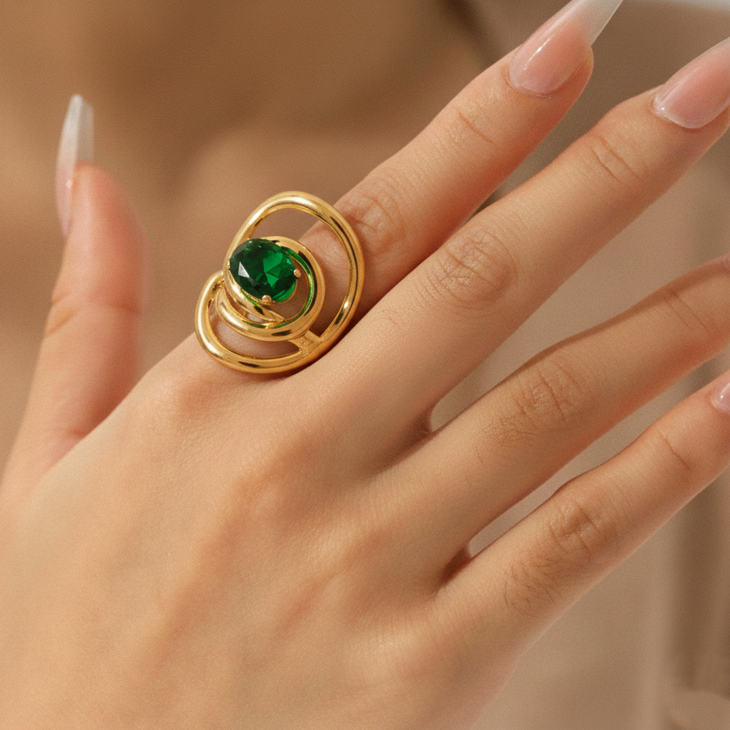 Chunky Golden Spiral Ring with Green Crystal JLTR0651
