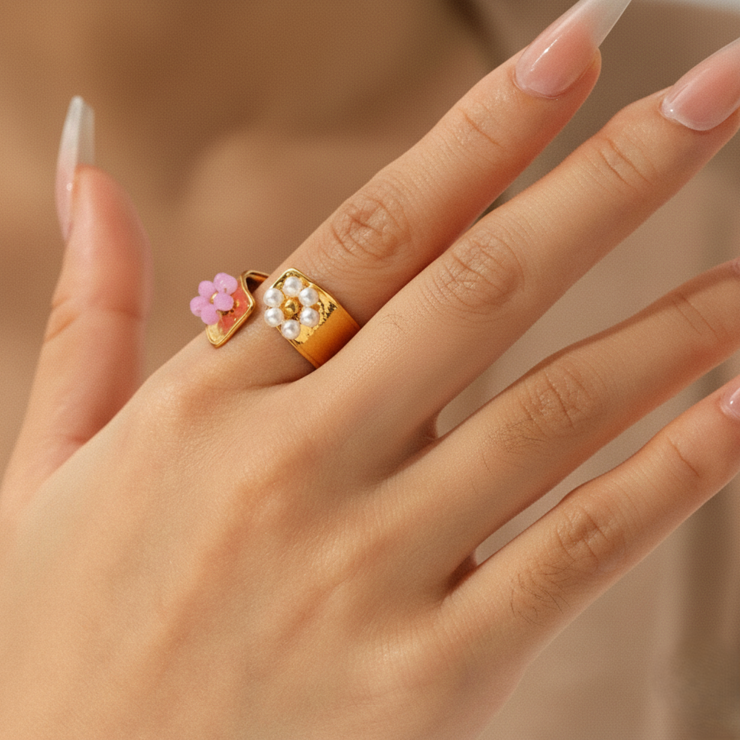 Bold Two-Tone Flower Adjustable Gold Cuff Ring JLTR0655