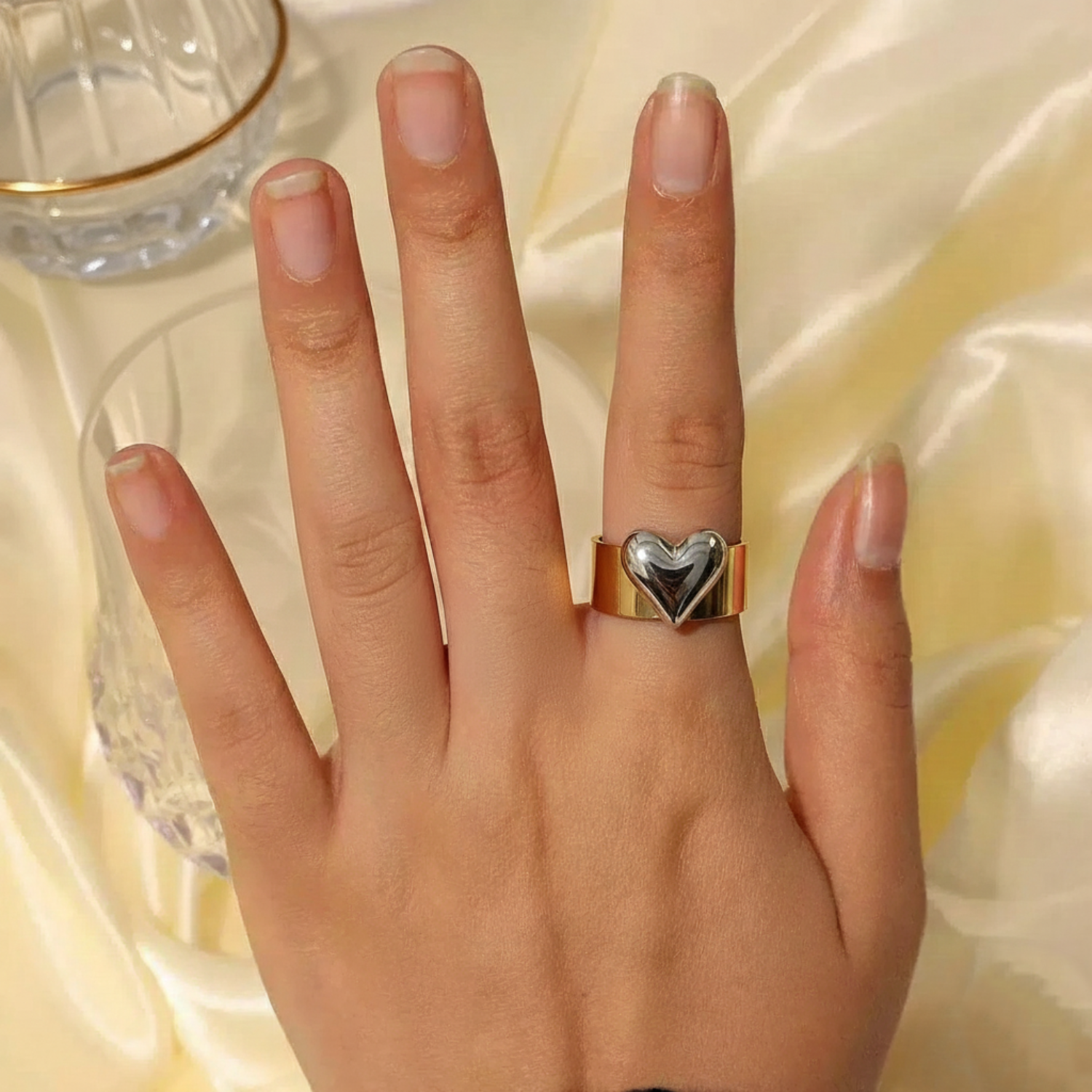 Two-Tone Puffy Heart Cuff Ring JLTR0658