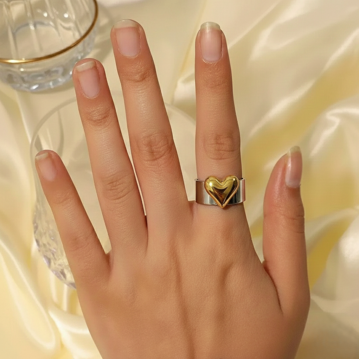 Two-Tone Puffy Heart Cuff Ring JLTR0659