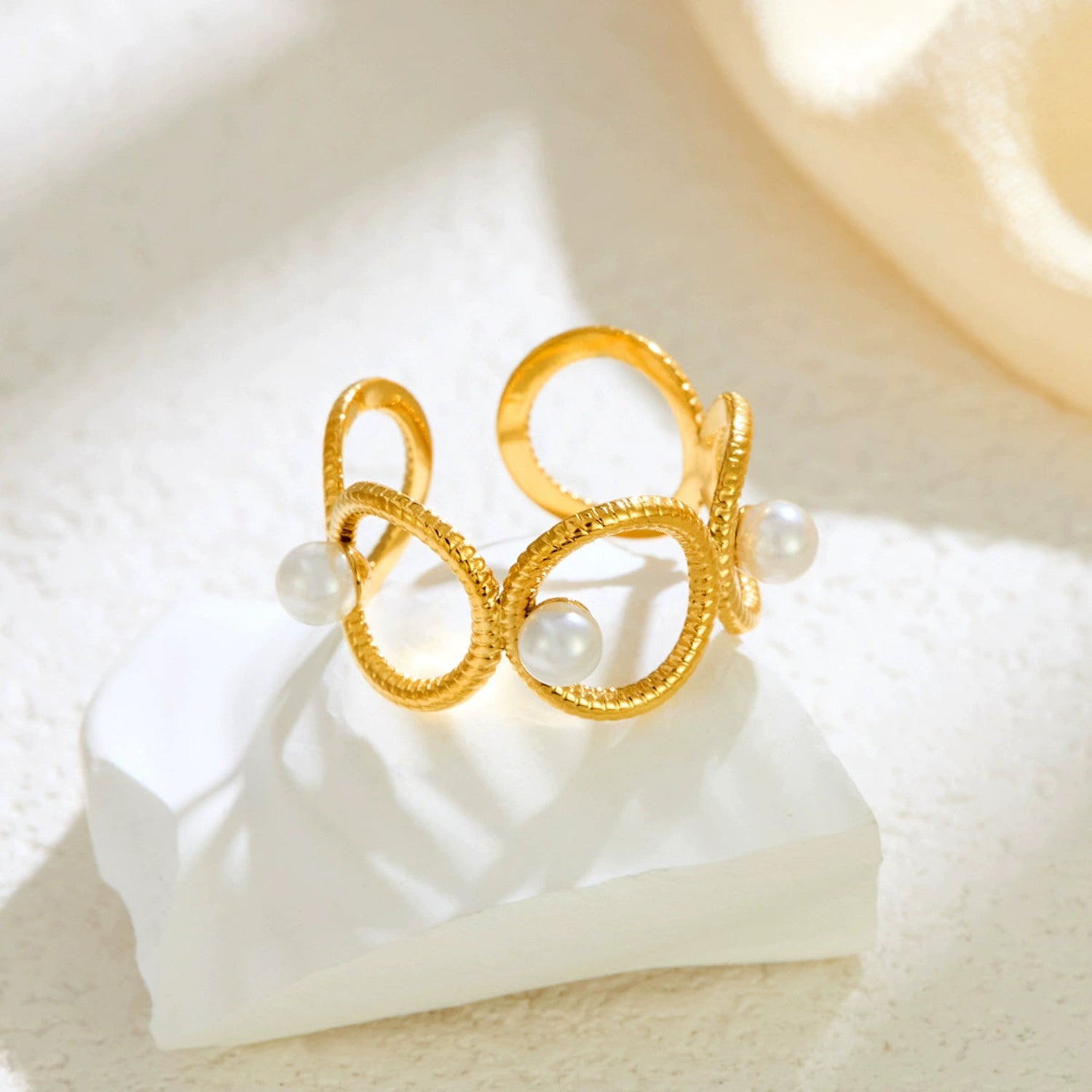 Gold Textured Pearl Open Ring JLTR0669