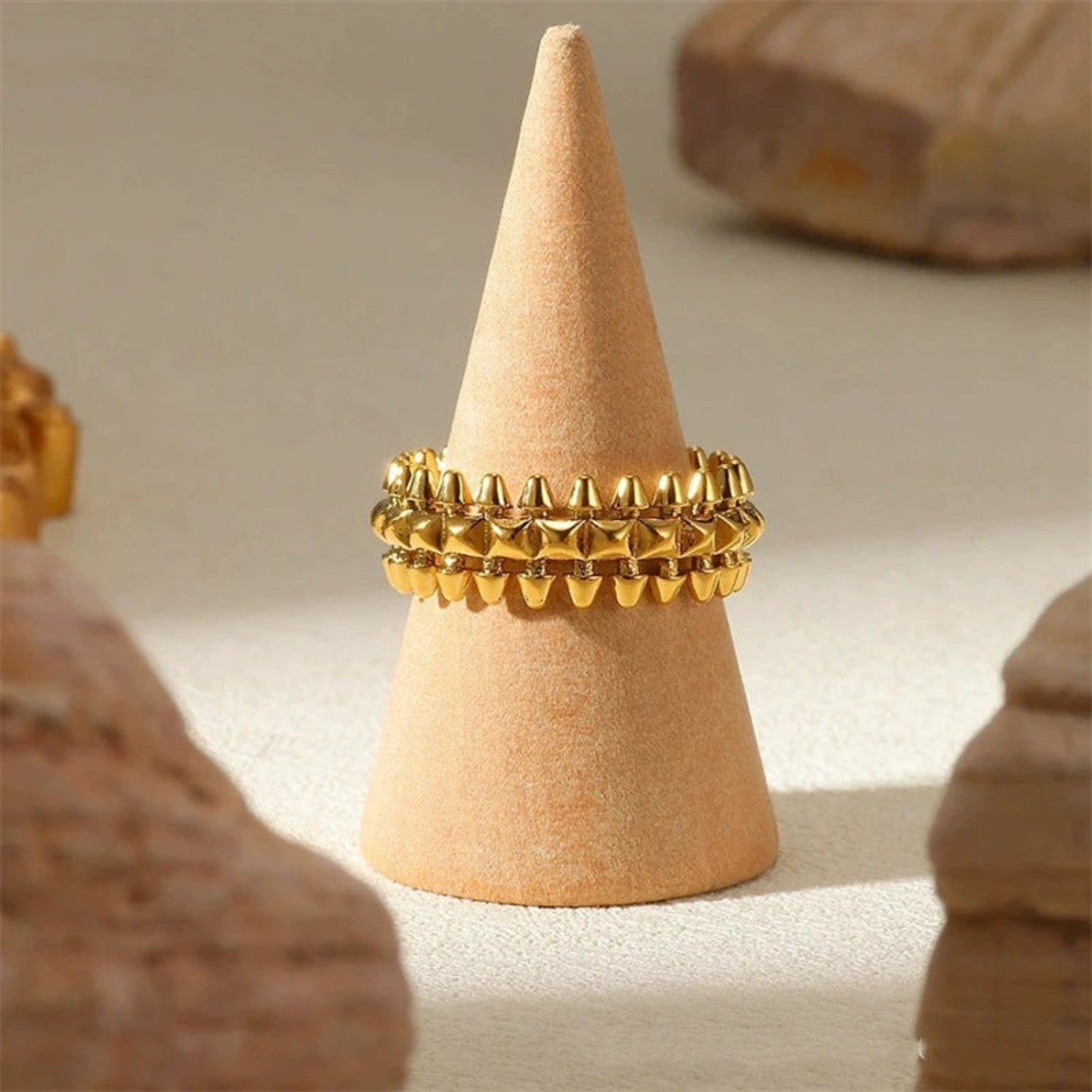 Gold Triple-Row Pyramid Stud Ring JLTR0670
