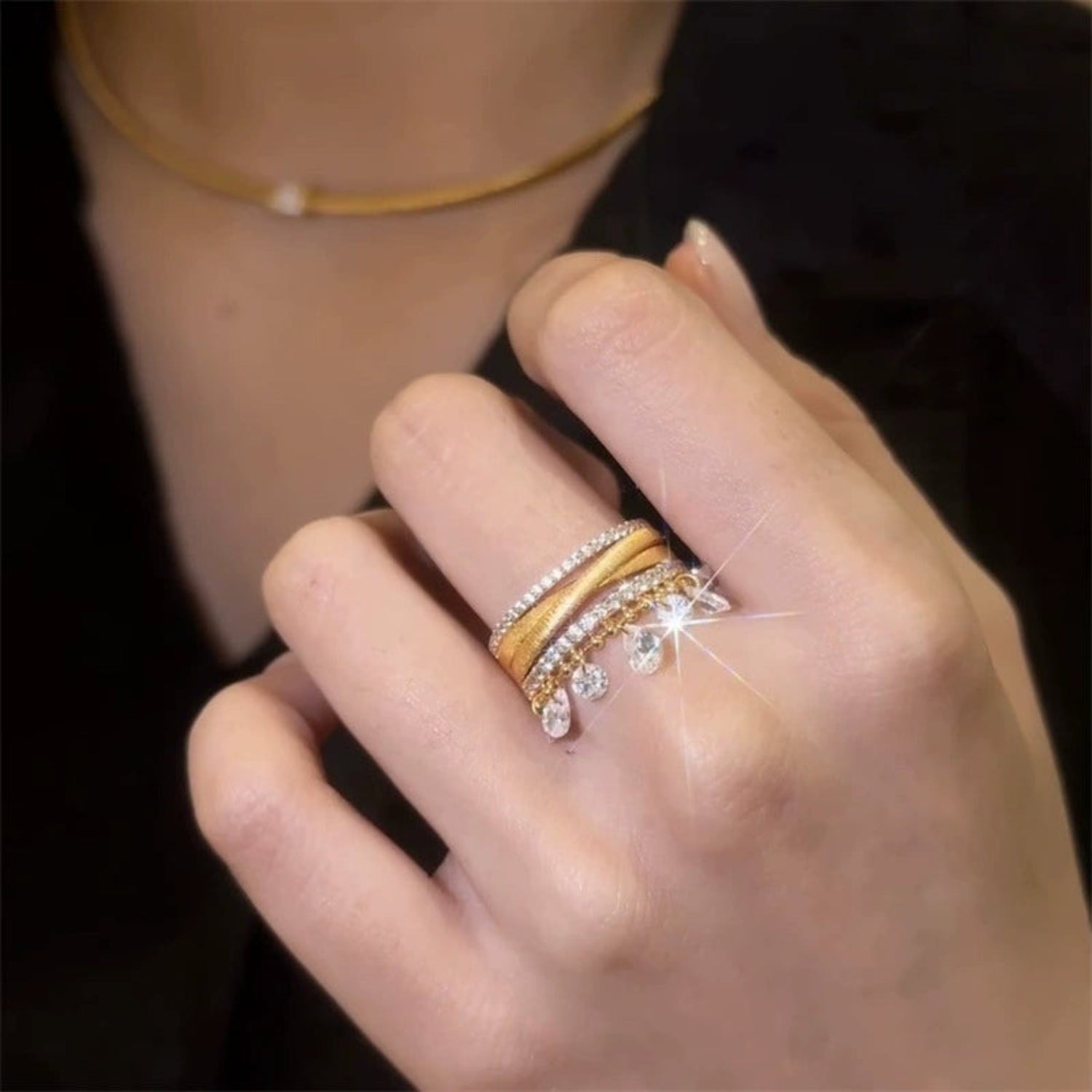 Gold Multi-Strand Crystal Tassel Ring JLTR0671