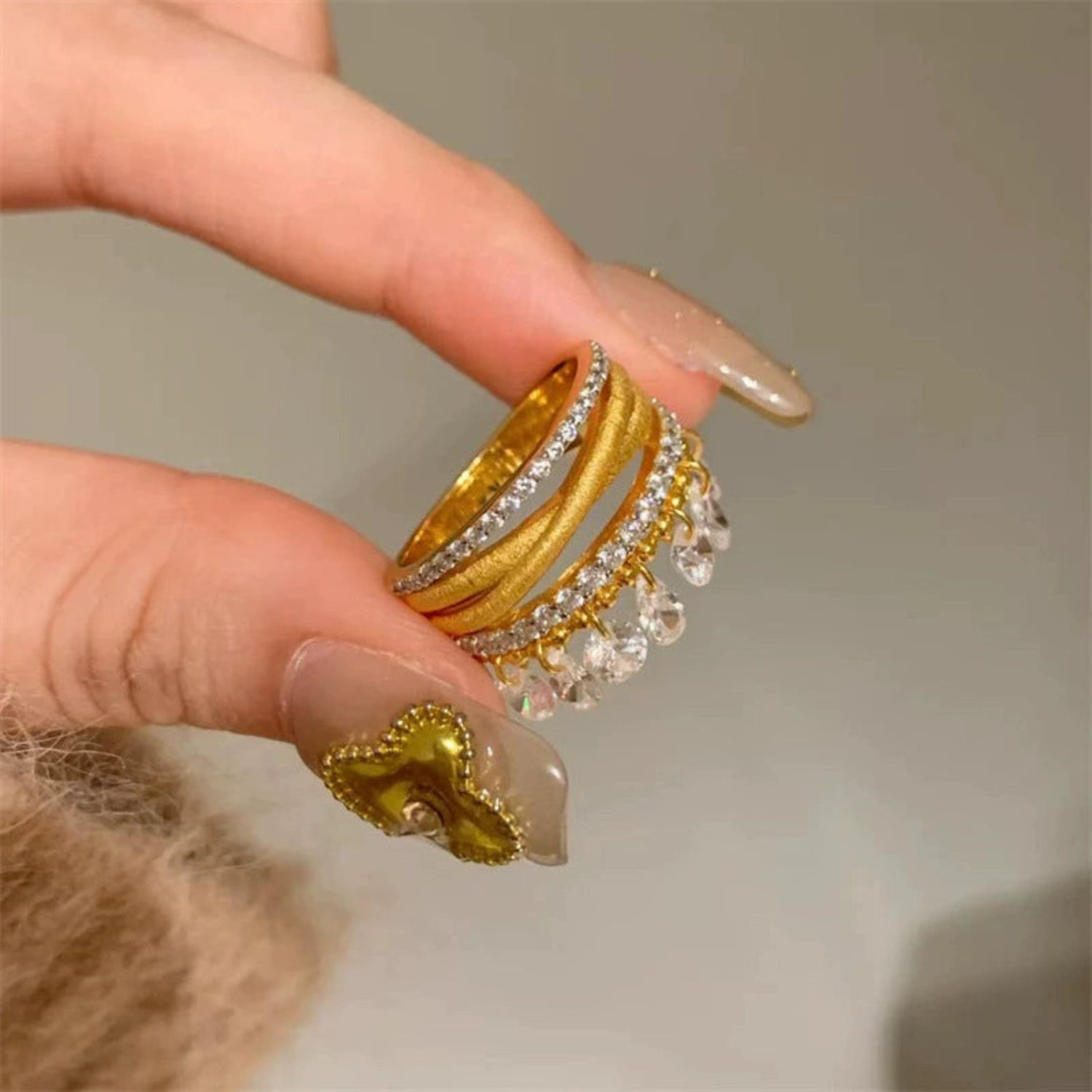 Gold Multi-Strand Crystal Tassel Ring JLTR0671