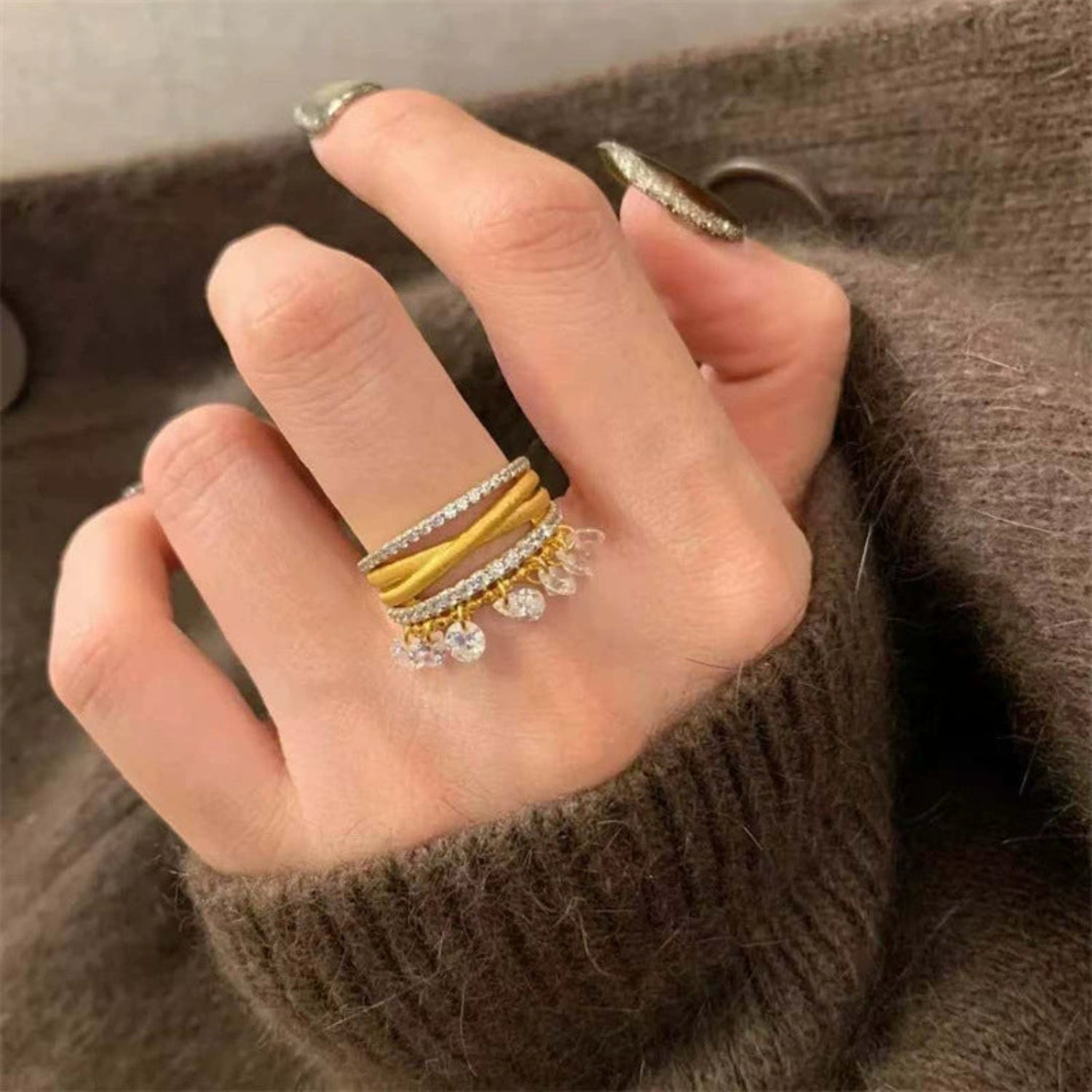 Gold Multi-Strand Crystal Tassel Ring JLTR0671