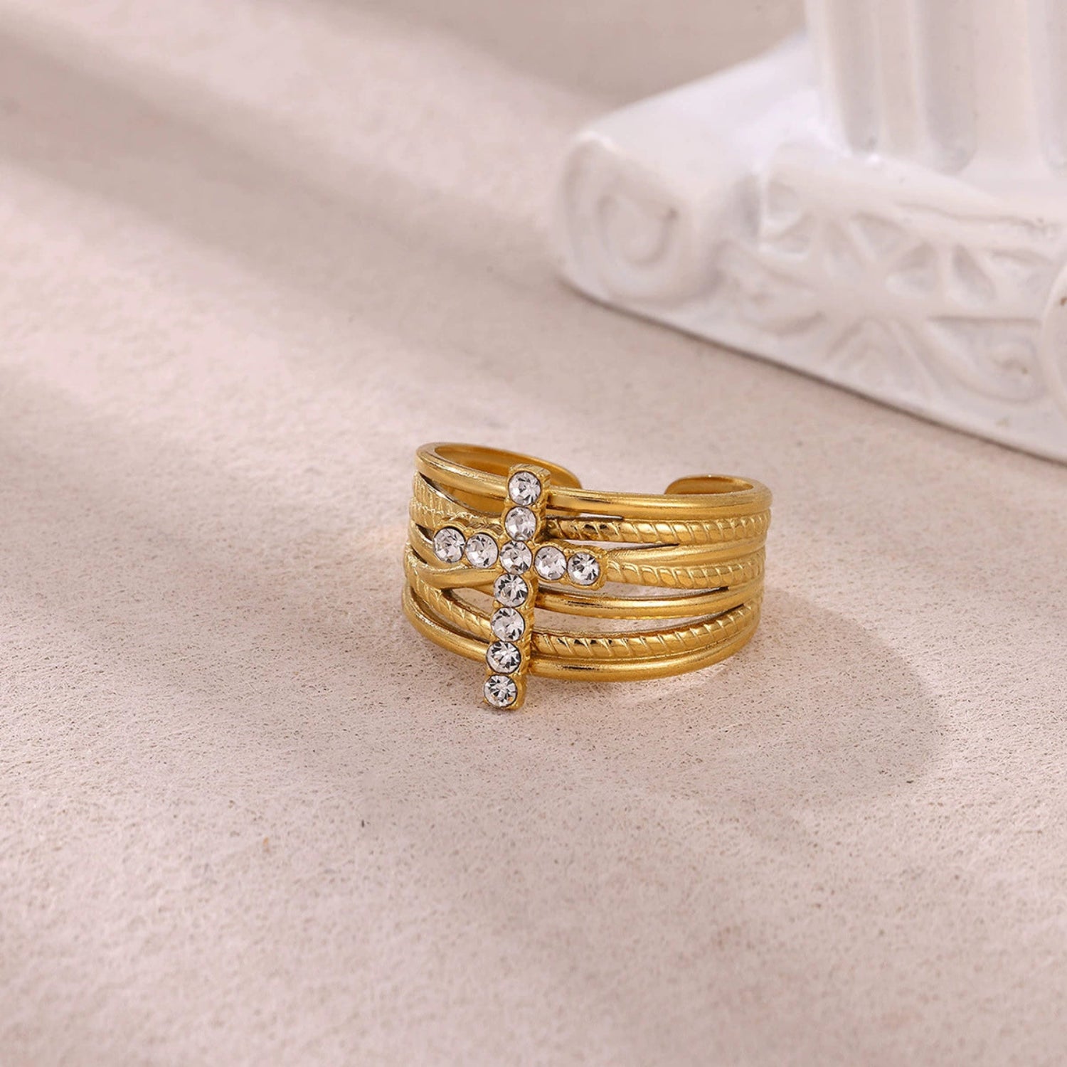 Crystal Cross Multi-Layer Gold Ring JLTR0692