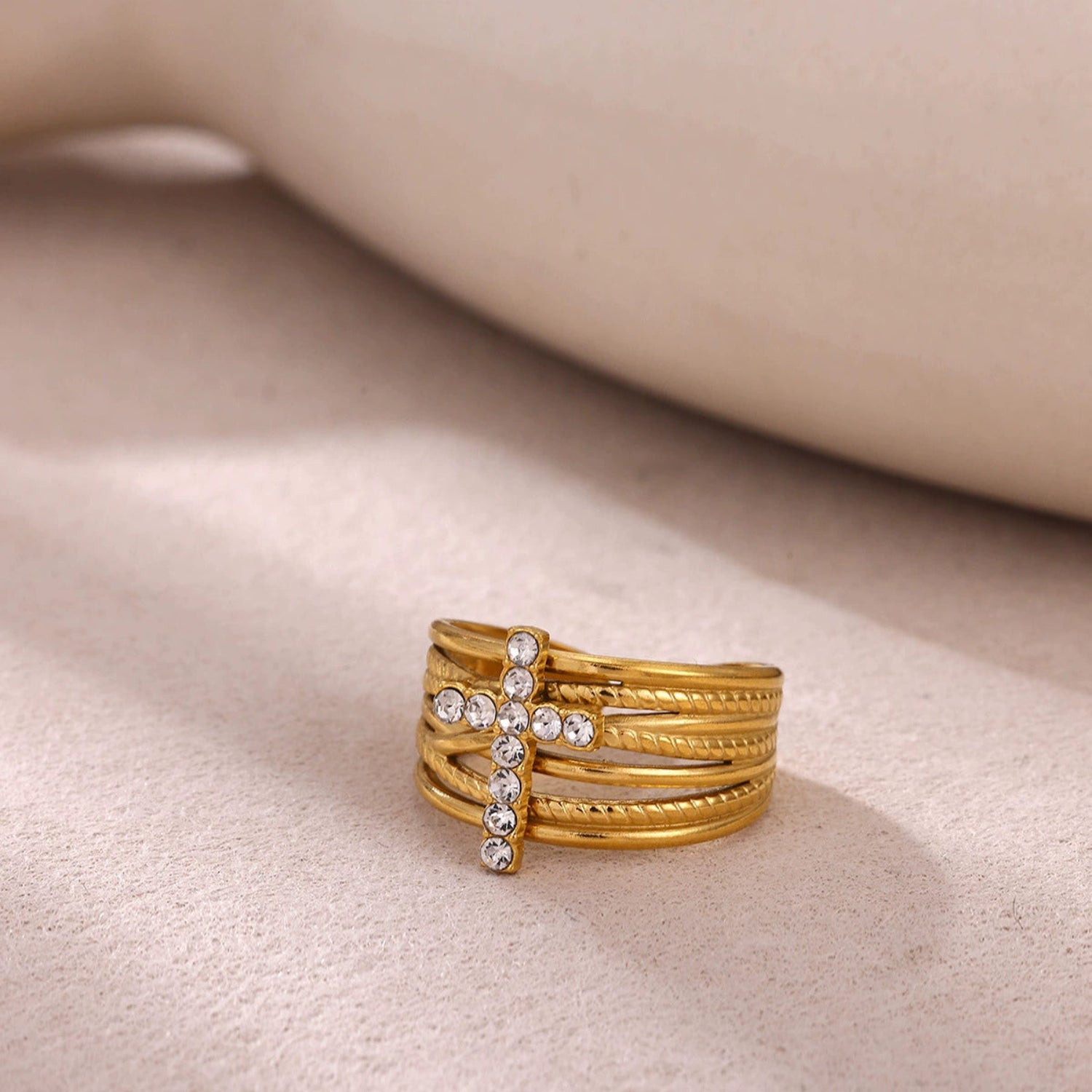 Crystal Cross Multi-Layer Gold Ring JLTR0692