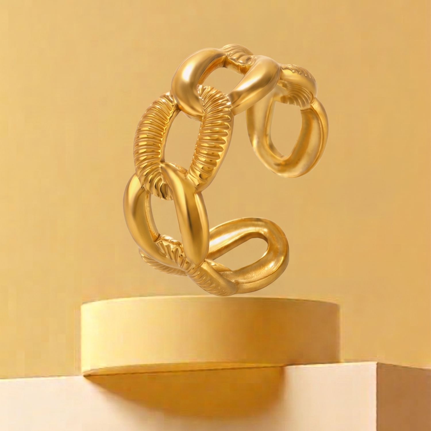Golden Textured Link Adjustable Ring JLTR0751