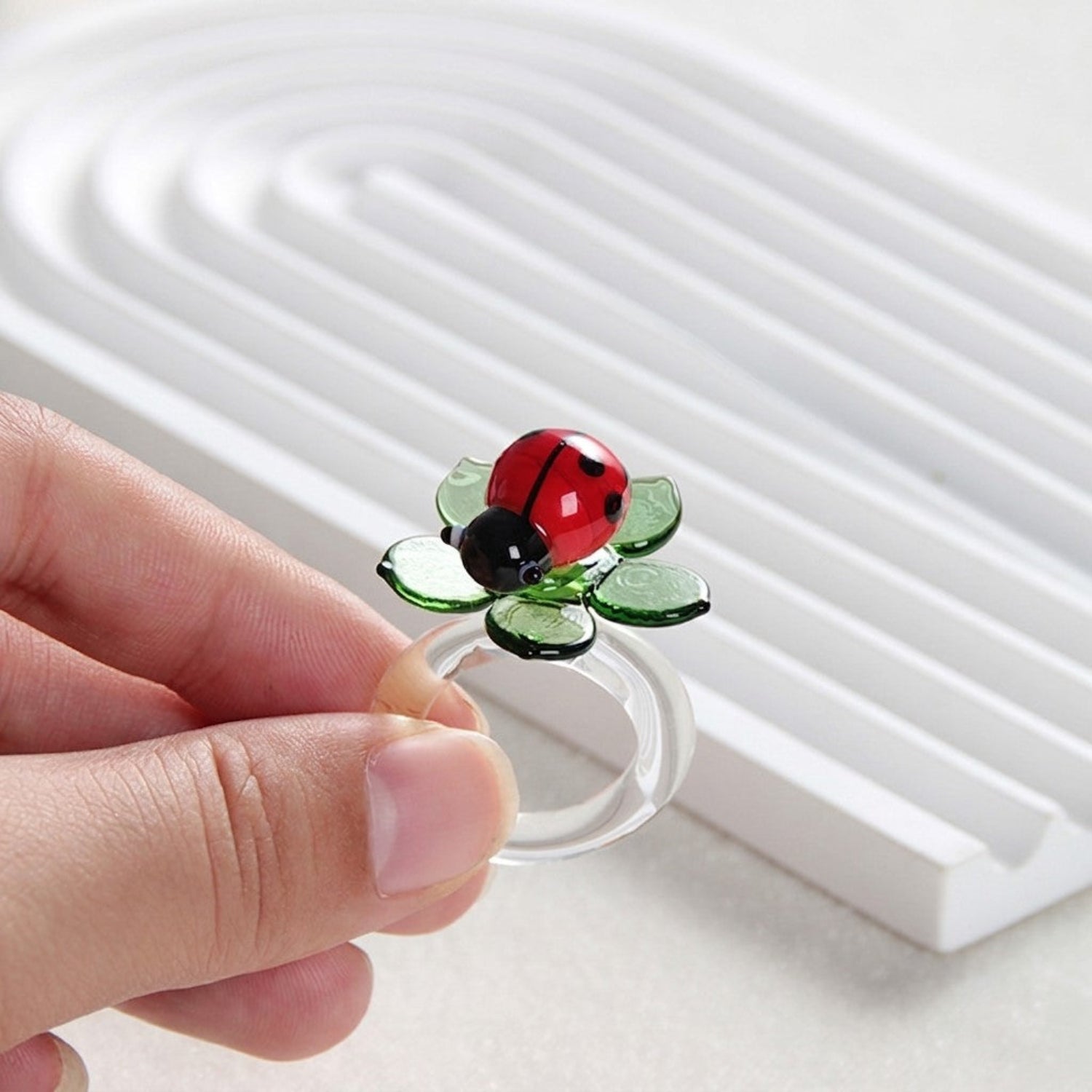 Glass Ladybug on Leaf Ring JLTR0764