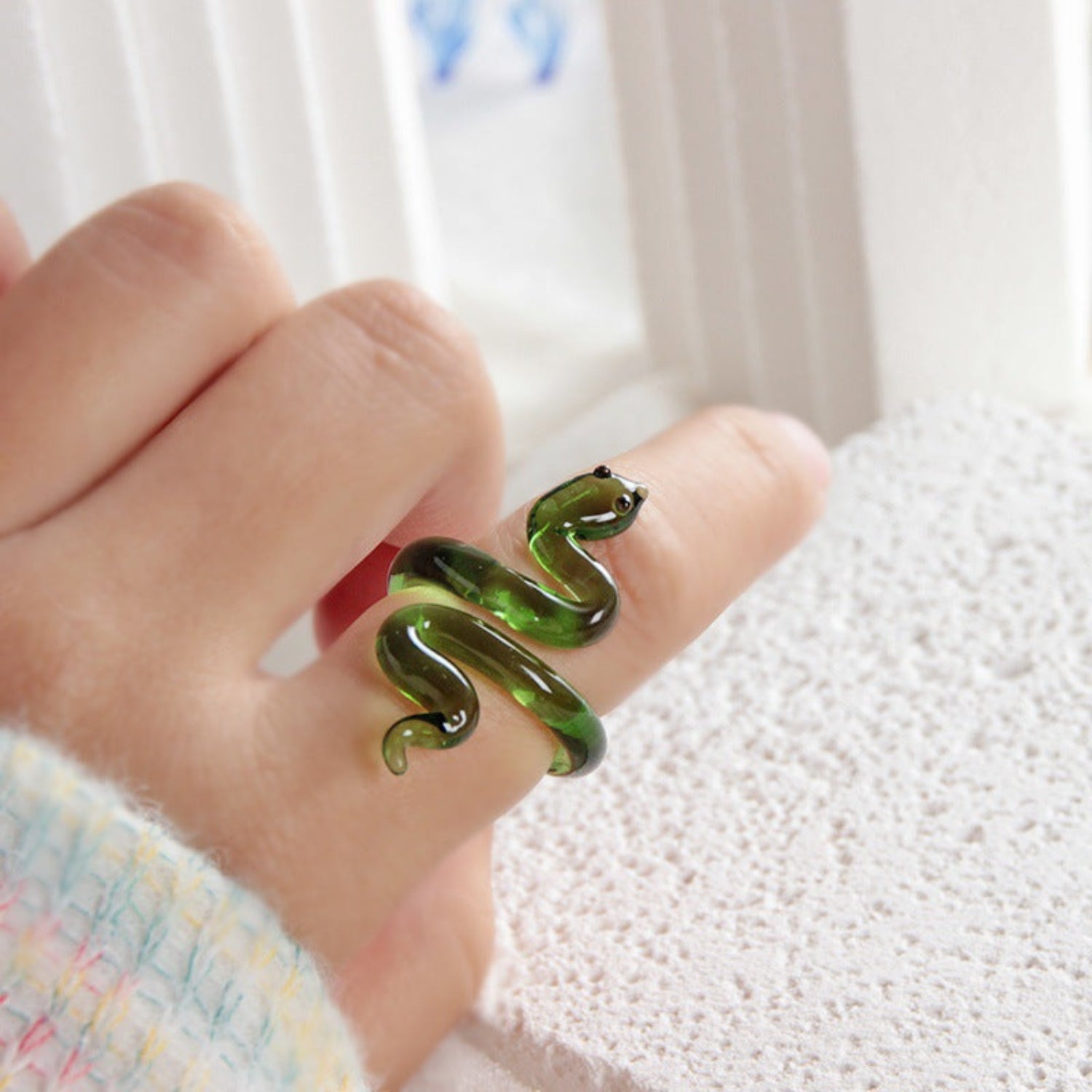 Sculptural Green Glass Snake Ring JLTR0765