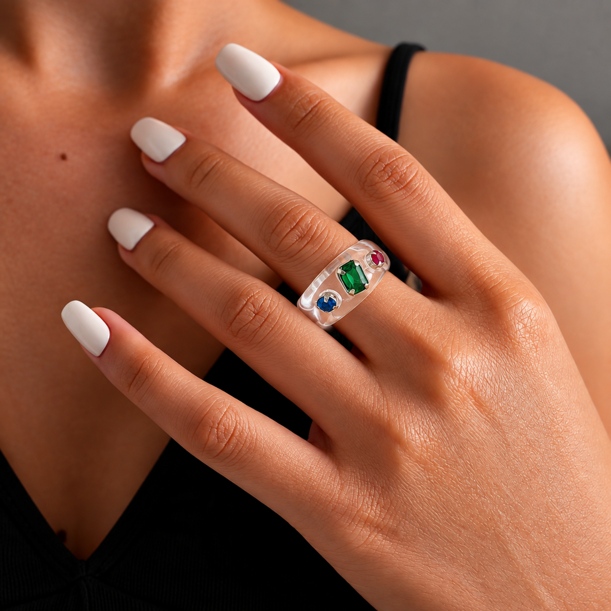 White Trendy Rectangular Resin Ring JLTR0799