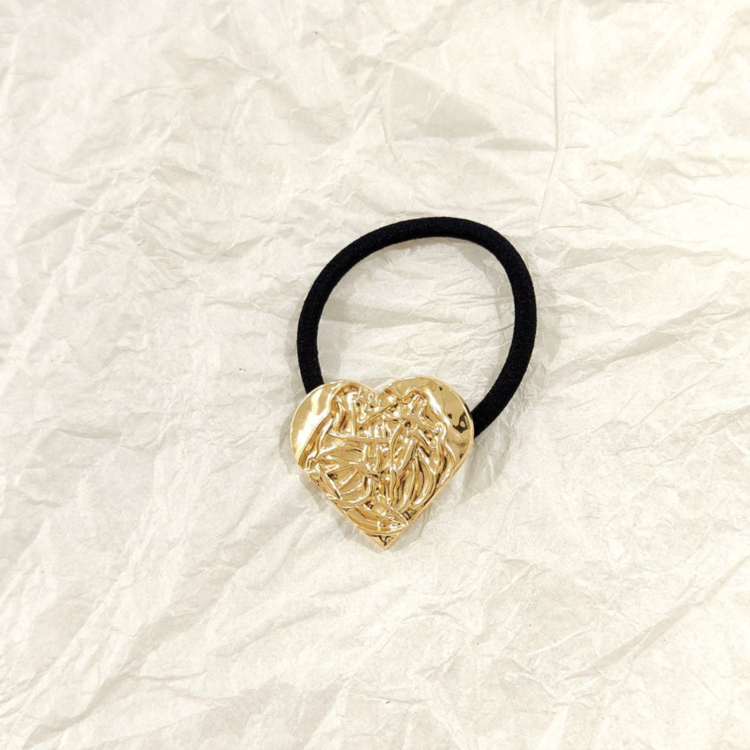 Crushed Heart Textured Golden Hair Tie – Molten Metallic Elastic JLTS0551