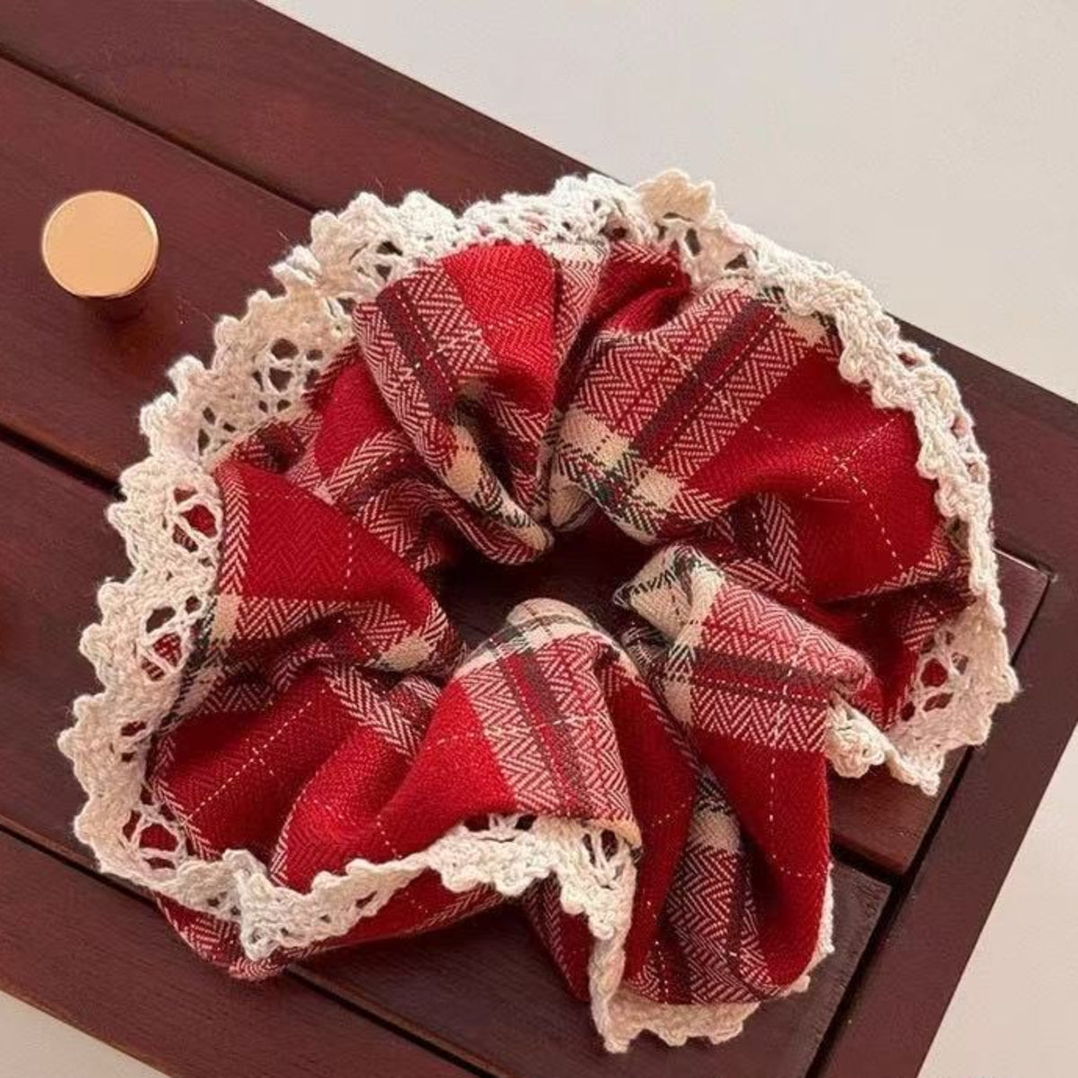 Red Checkered Scrunchie with White Lace Trim JLTS0582