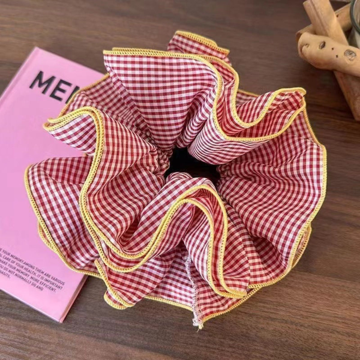 Red Gingham Scrunchie with Yellow Contrast Trim JLTS0586