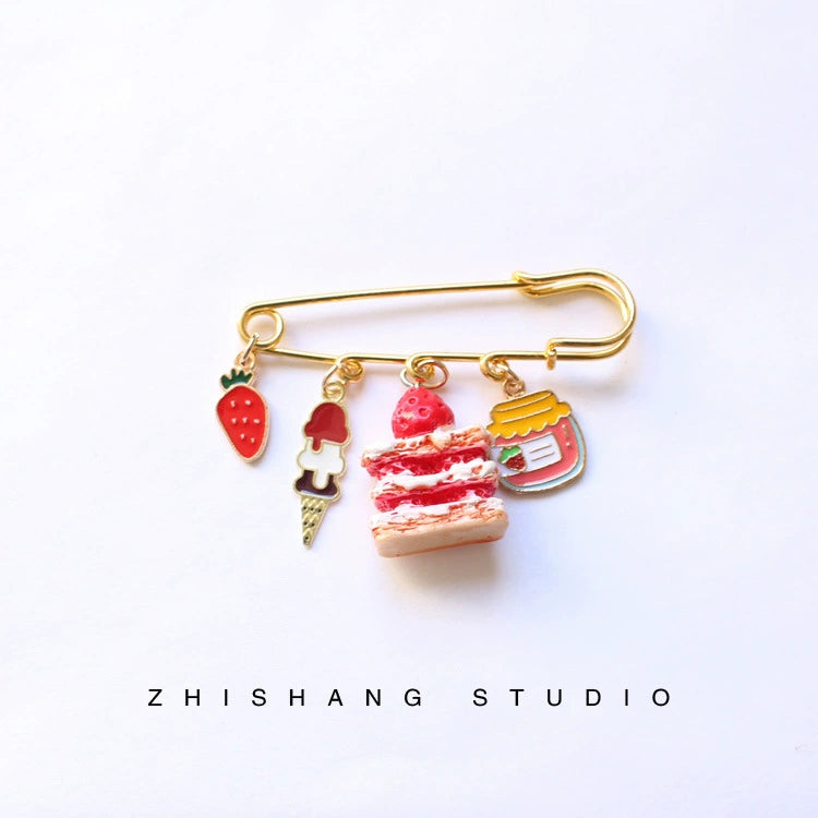 Just Lil Things Strawberry Dessert Charm Saree Pin – Gold Safety Pin with Cake, Ice Cream & Jam Danglers JLTSP0005