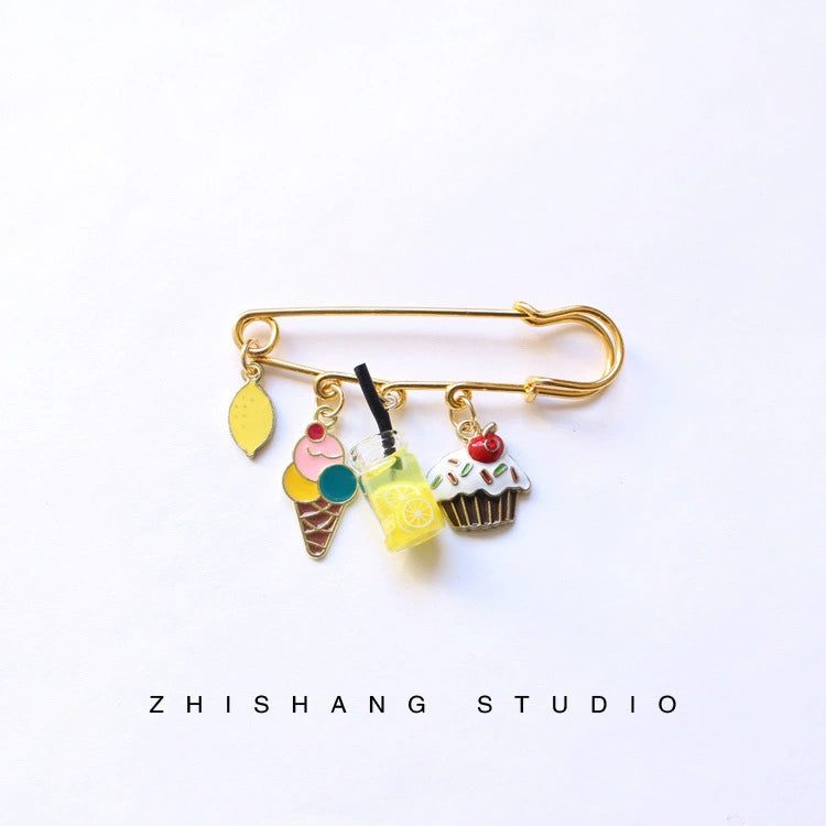 Just Lil Things Summer Treats Charm Saree Pin – Gold Color Pin with Lemonade, Ice Cream & Cupcake Danglers JLTSP0006