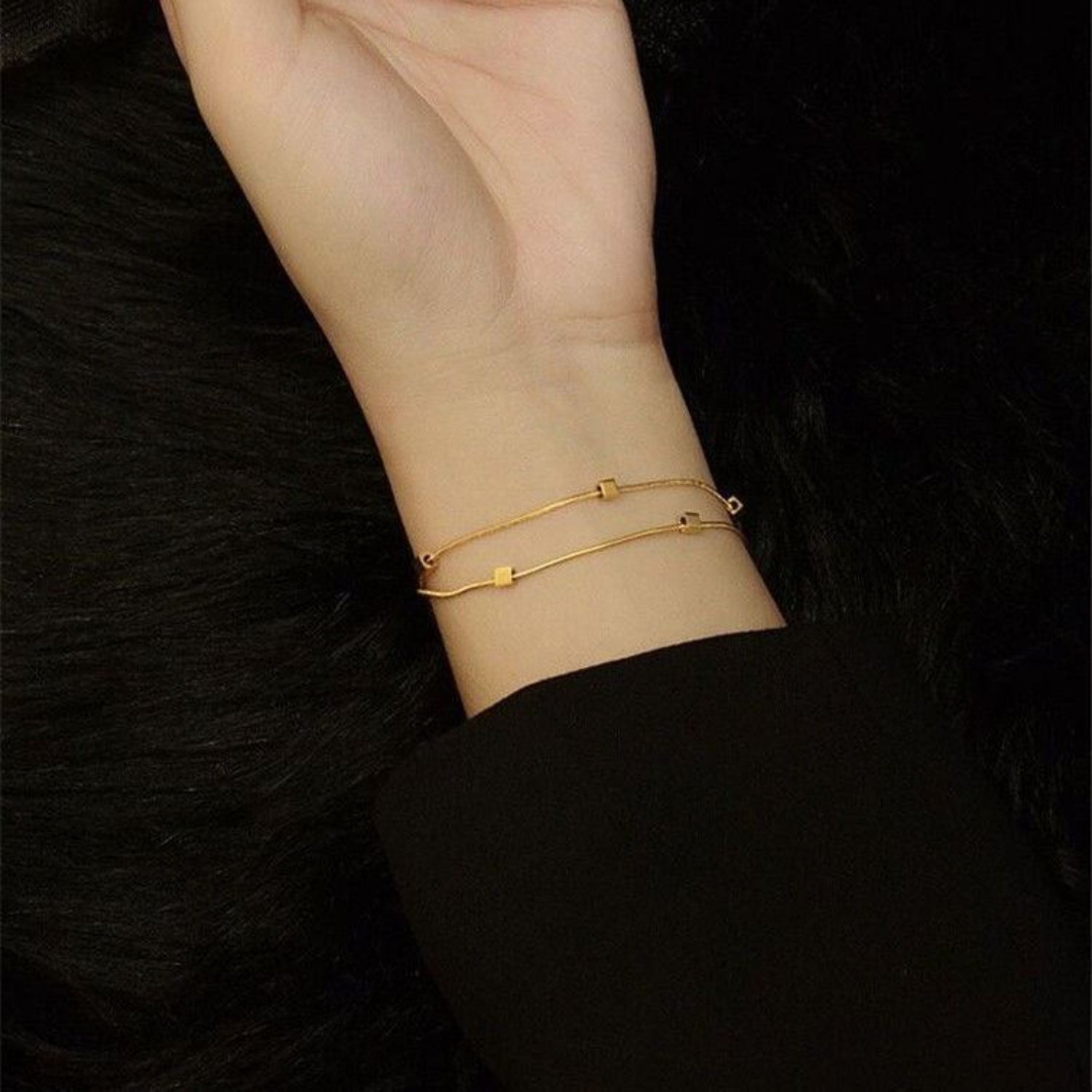 Just Lil Things Artificial Golden Minimalist Double-Layer with Cube Accents Bracelet jltb0294