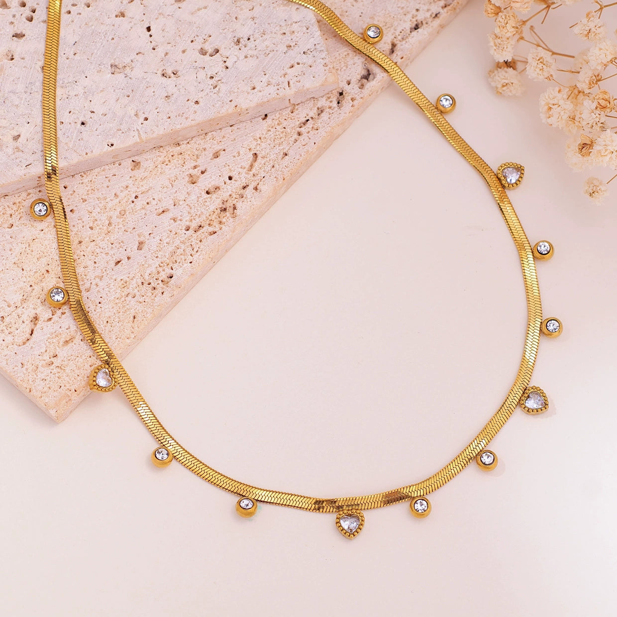 Just Lil Things Golden Snake Chain Necklace with Heart & Round Crystal Charms jltn1620