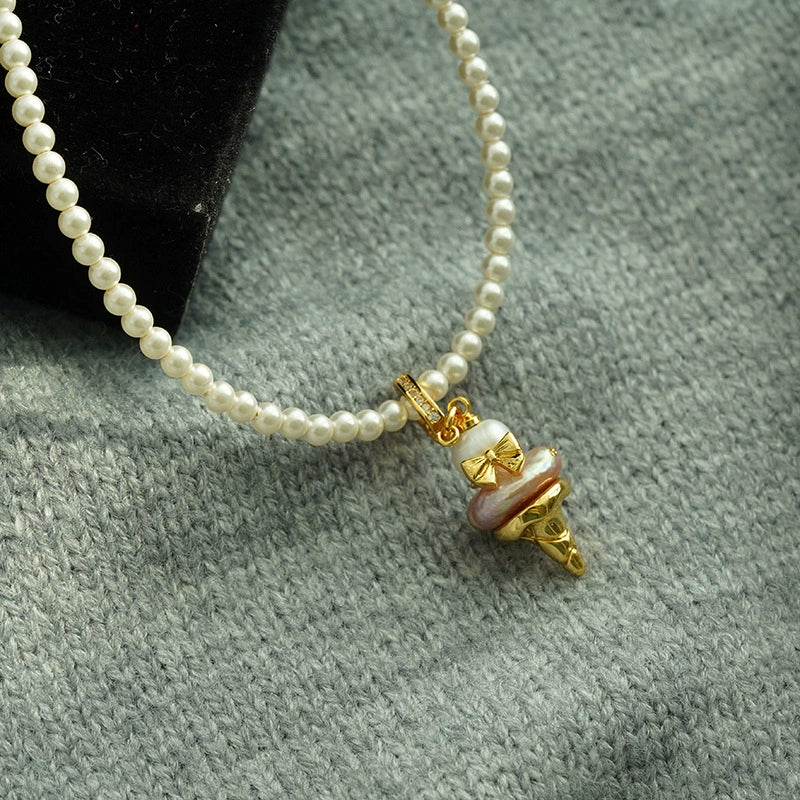 Just Lil Things Pearl Beaded Necklace with Golden Ice Cream Cone Pendant jltn1618