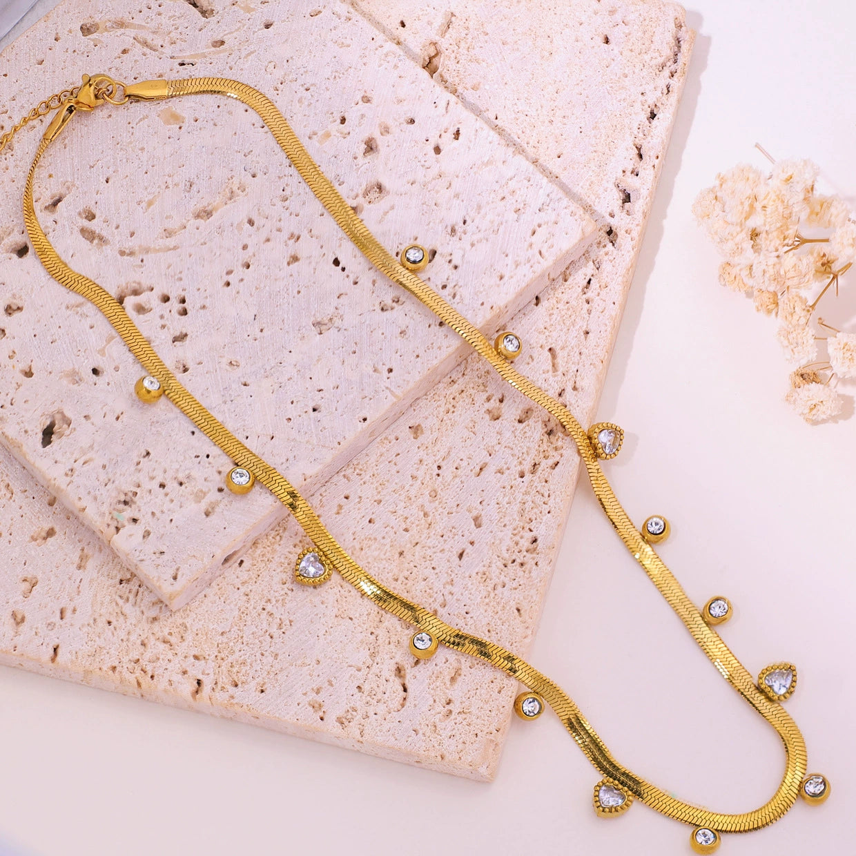 Just Lil Things Golden Snake Chain Necklace with Heart & Round Crystal Charms jltn1620