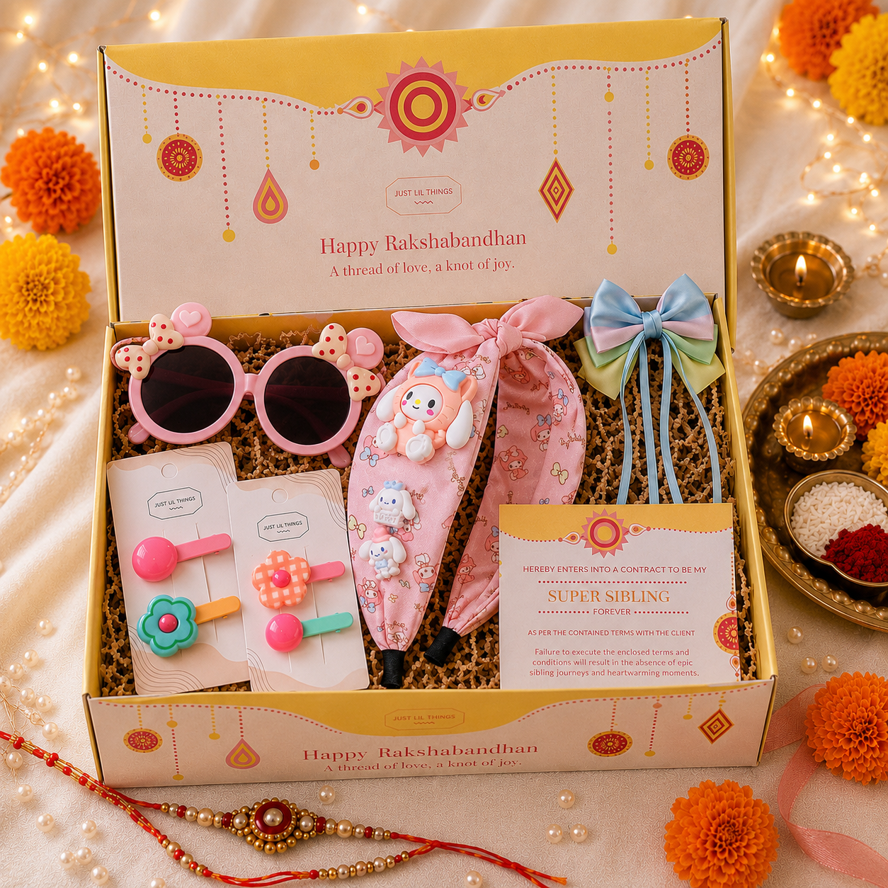 Cute Kawaii Pink Hair Accessory & Sunglasses Rakhi Hamper RC0014