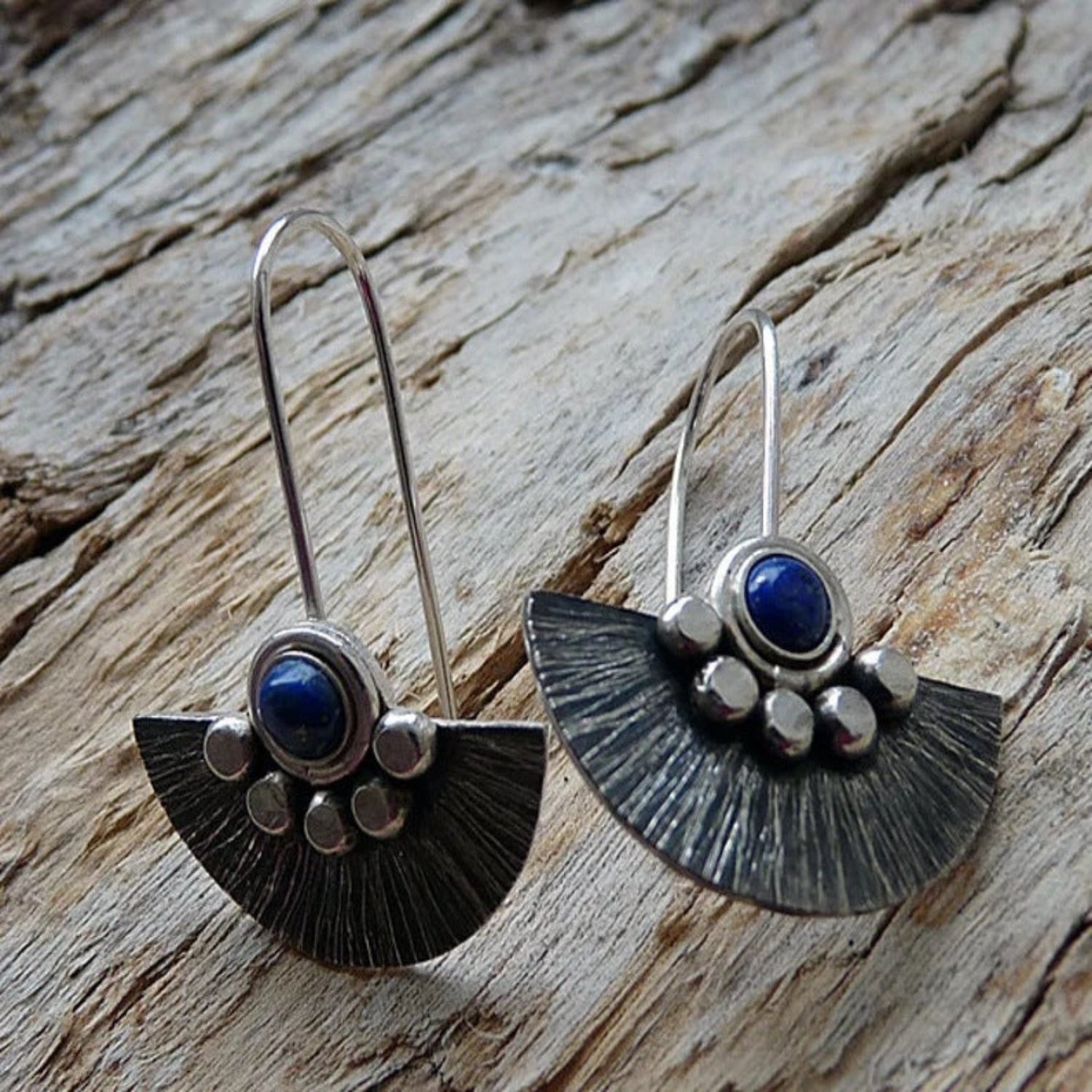 Bohemian Silver Fan Earrings with Lapis Lazuli Stone Accent jlt11601