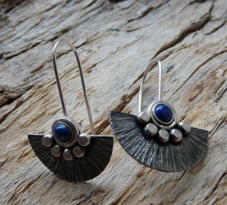 Bohemian Silver Fan Earrings with Lapis Lazuli Stone Accent jlt11601