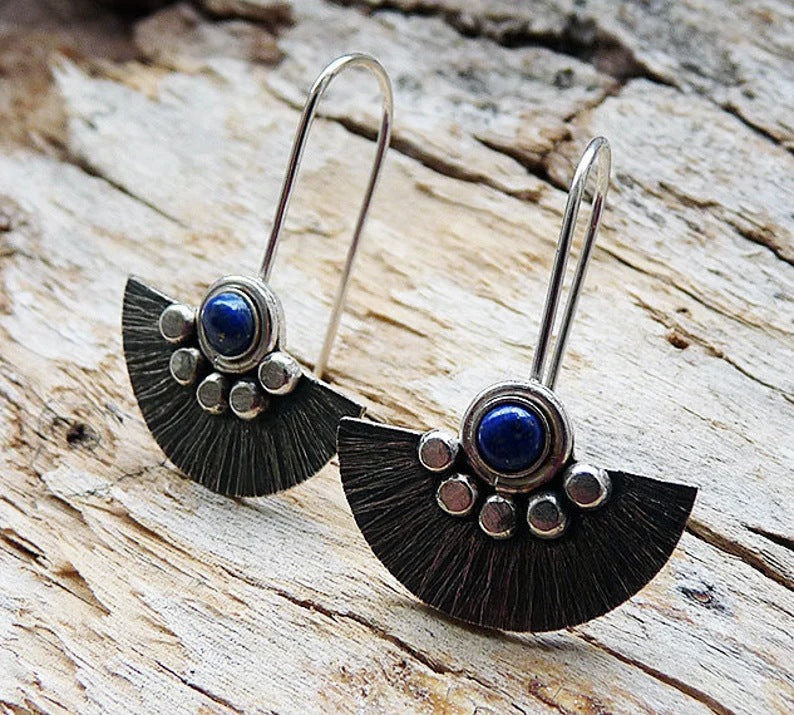 Bohemian Silver Fan Earrings with Lapis Lazuli Stone Accent jlt11601
