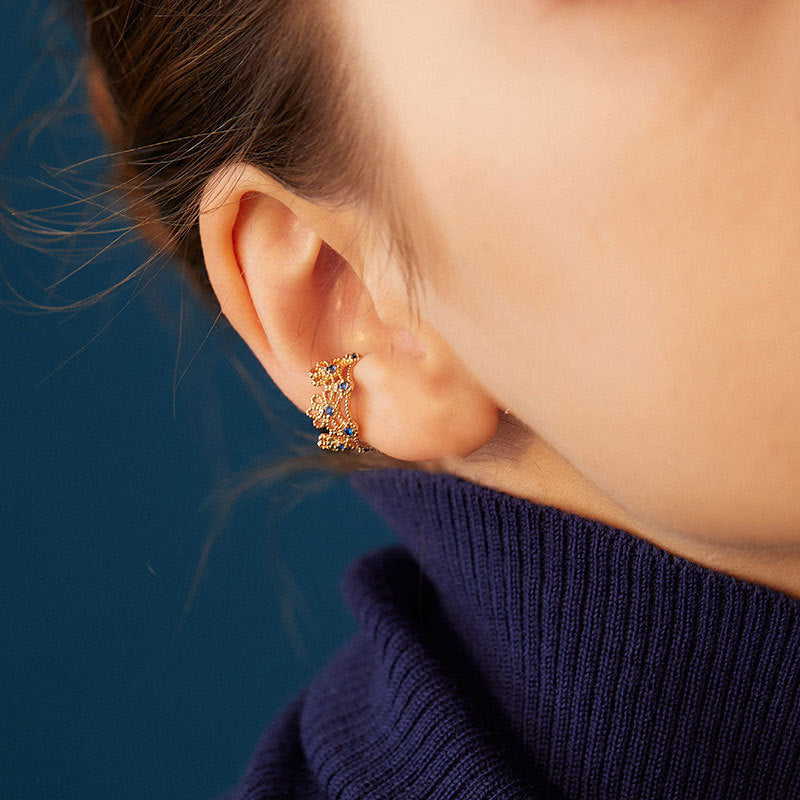 Elegant Gold-Color Floral Ear Cuff with Colorful Stones-jlt11739