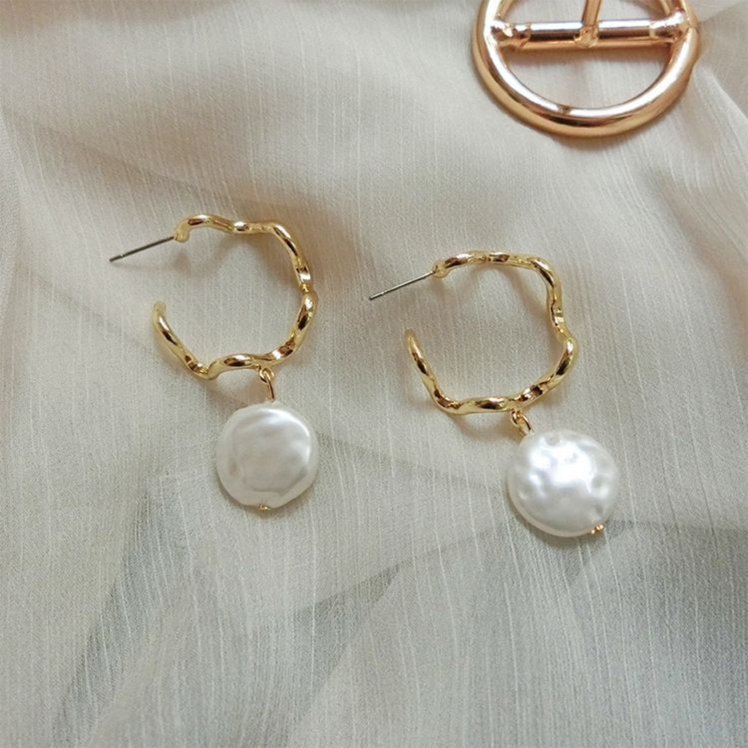 Gold Hoop Earrings with Baroque Pearl Drop jlt11861