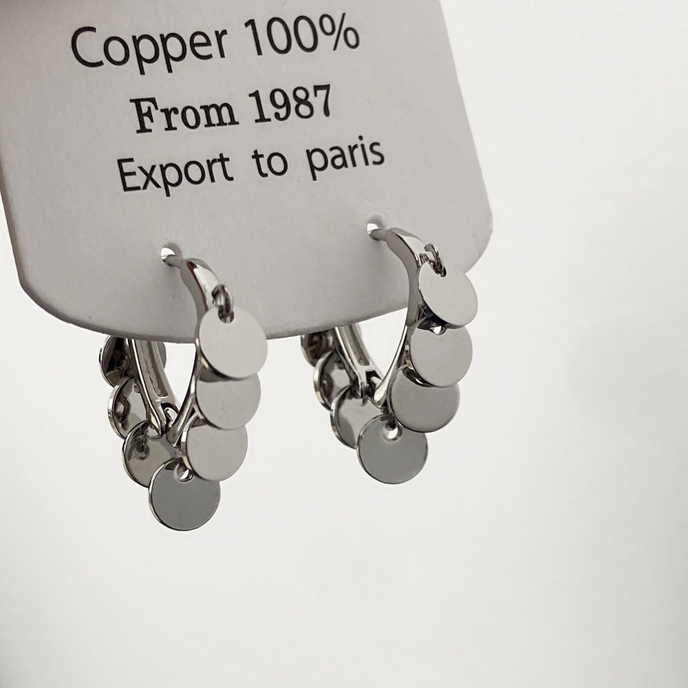 Small Coin Round Shaped Dangling Silver Hoop Earrings jlt12770