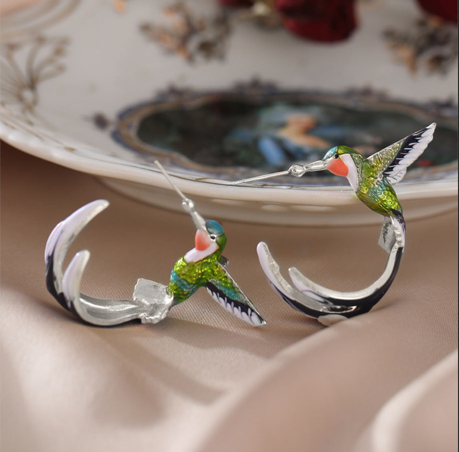 Humming Bird Silver Feather Multicolor Stud Earrings JLT12779
