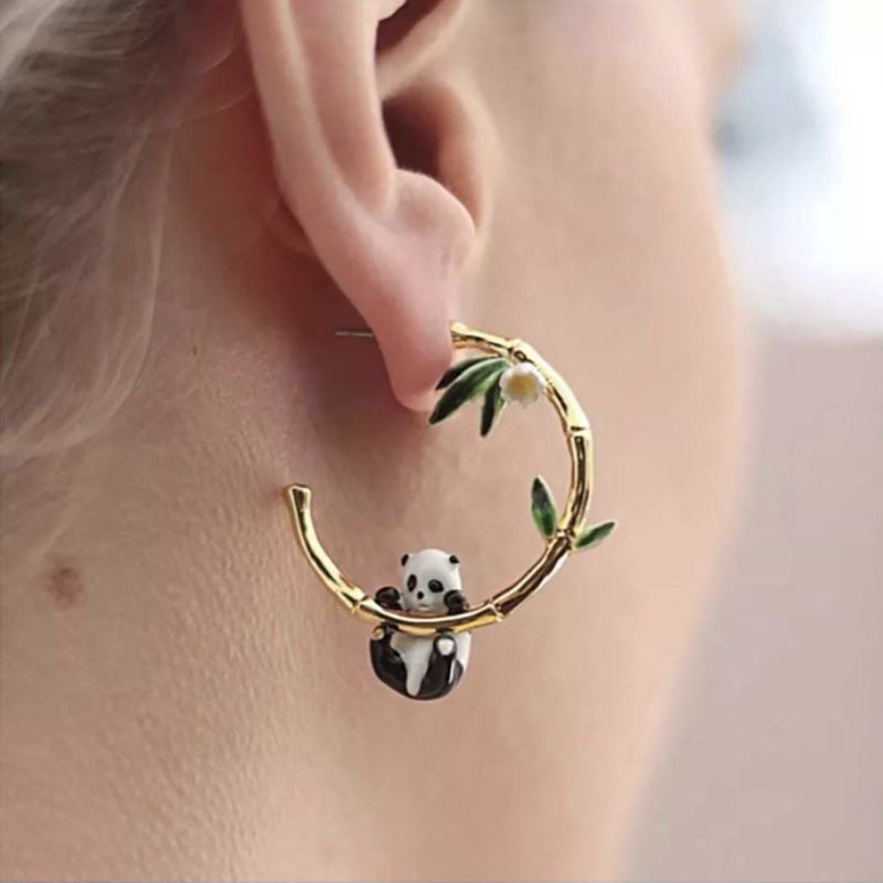 Panda Hanging Bamboo Gold Hoop Earrings JLT12782