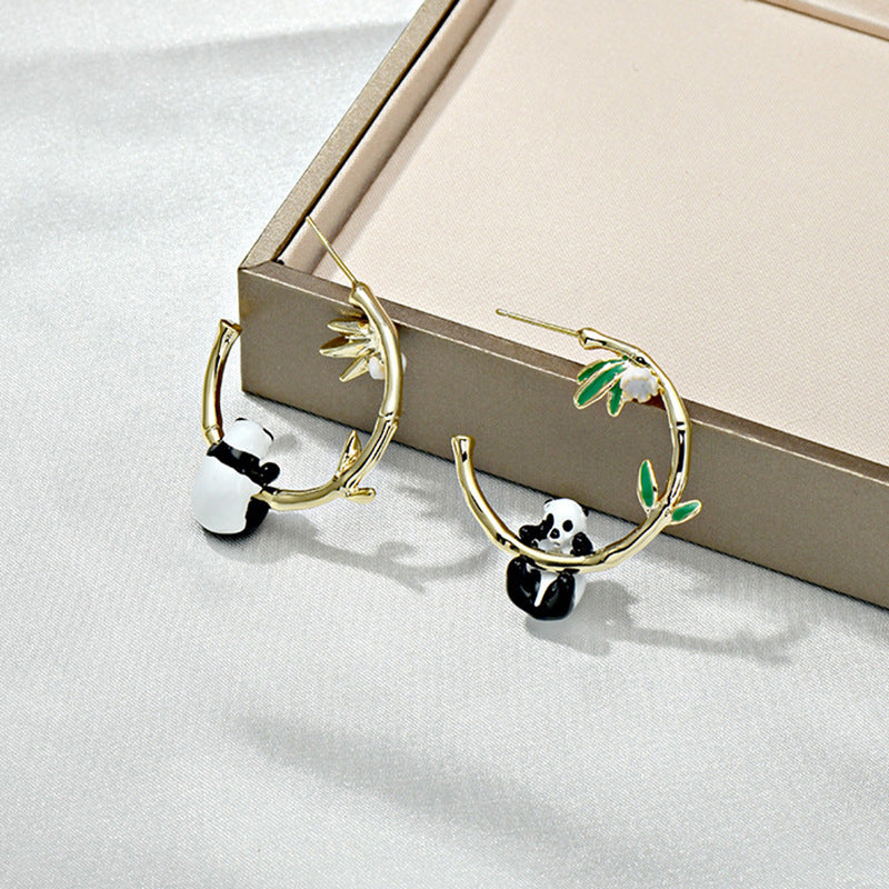 Panda Hanging Bamboo Gold Hoop Earrings JLT12782