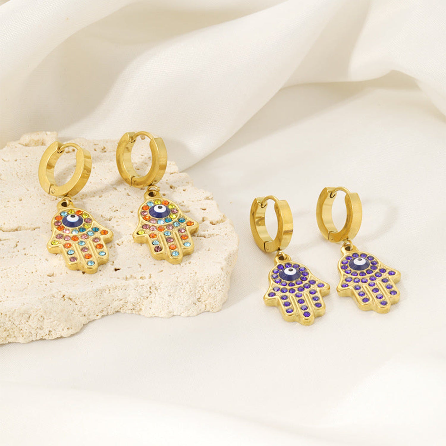 Evil Eye Hand Blue Huggie Earrings JLT12783