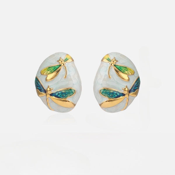 Blue Dragonfly Oval Shaped White Stud Earrings JLT12808