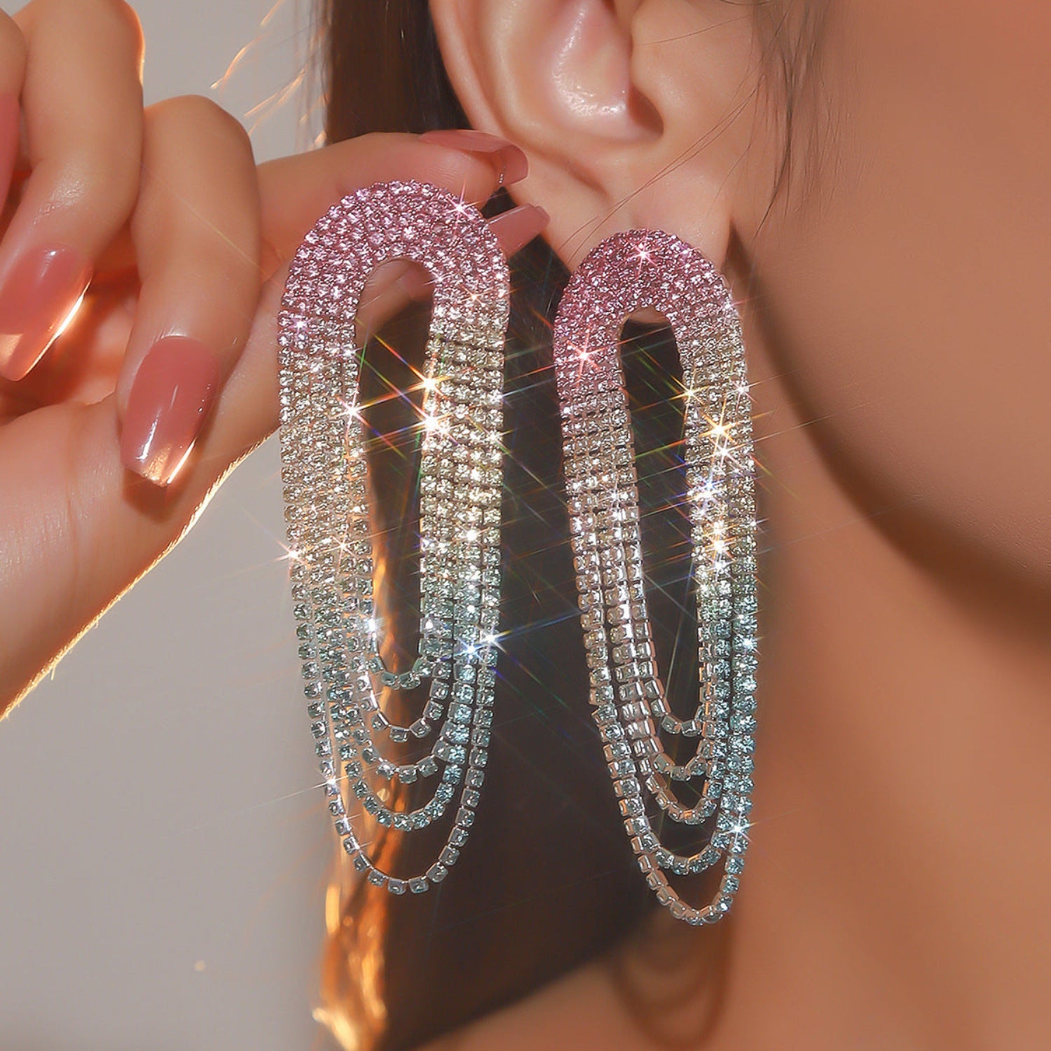 Crystal Tassel Rhinestone Tricolor Dangle Pin Earrings JLT12810