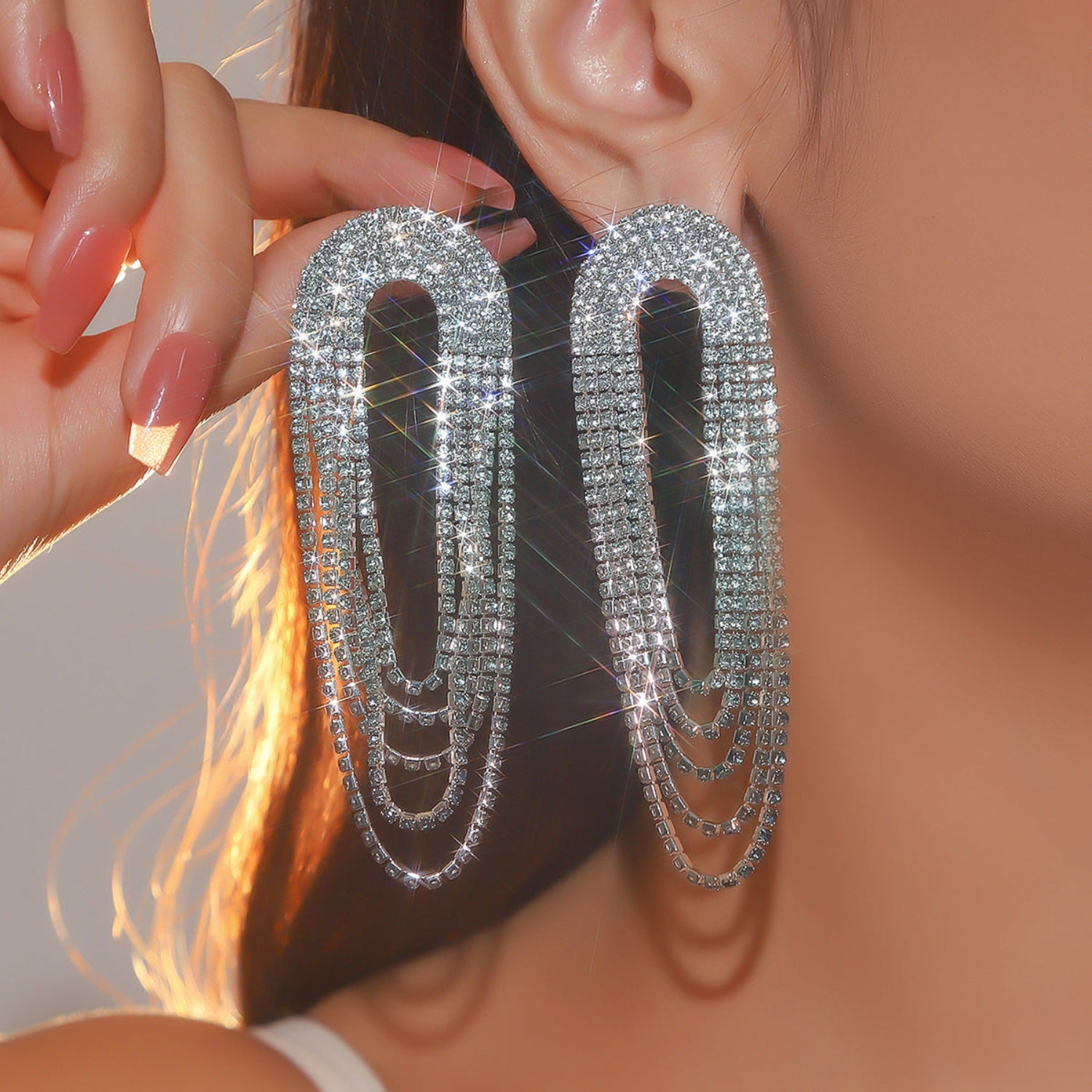 Crystal Tassel Rhinestone Dual Shade Dangle Pin Earrings JLT12815