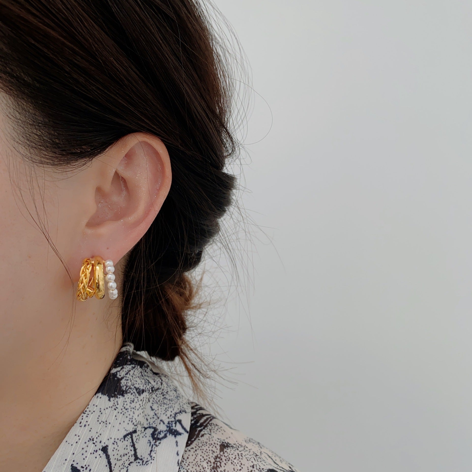 pearl gold triple layer hoop bali earrings jlt13133