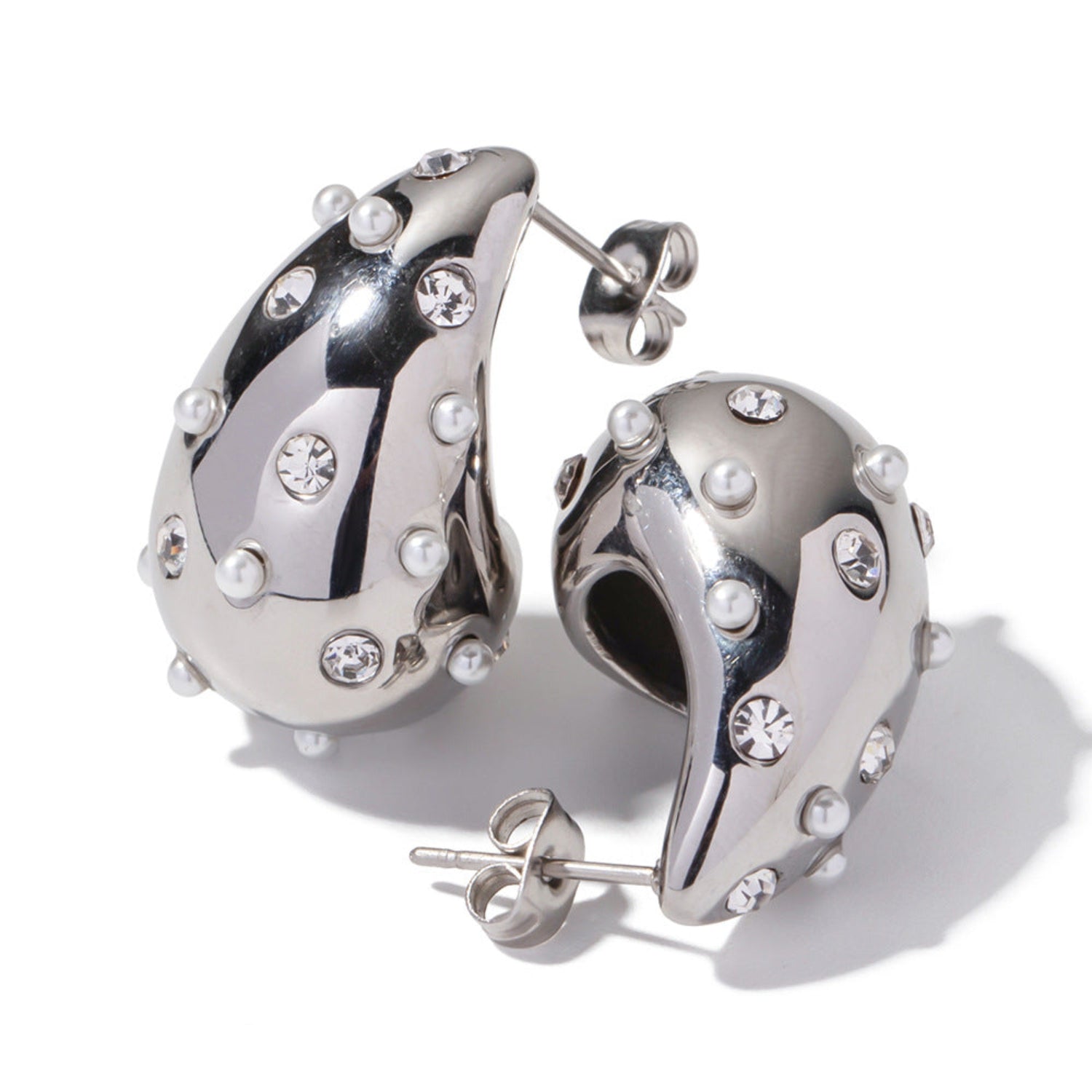Futuristic Silver Pearl and Crystal Tear Drop Stud Earrings jlt13164
