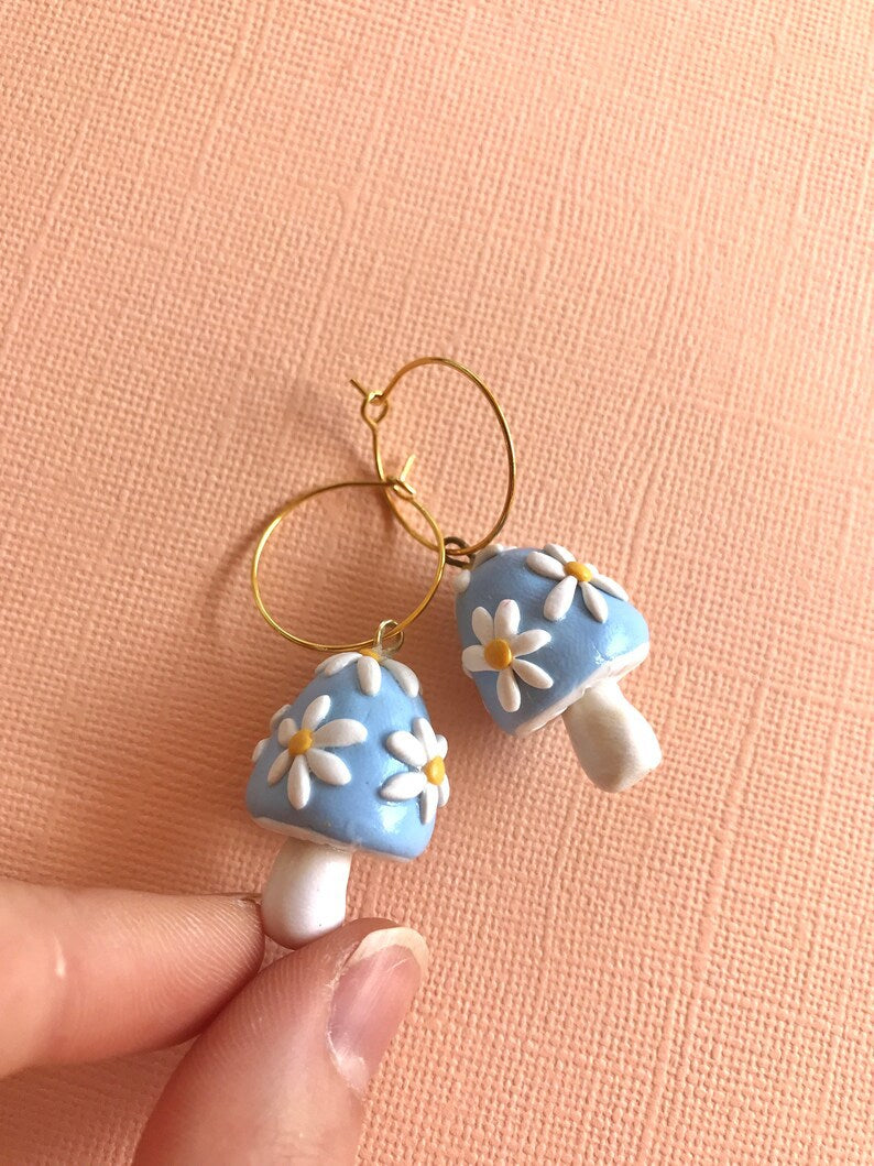 Sky blue colored tiny white floral mushroom hoop earrings jlt13179